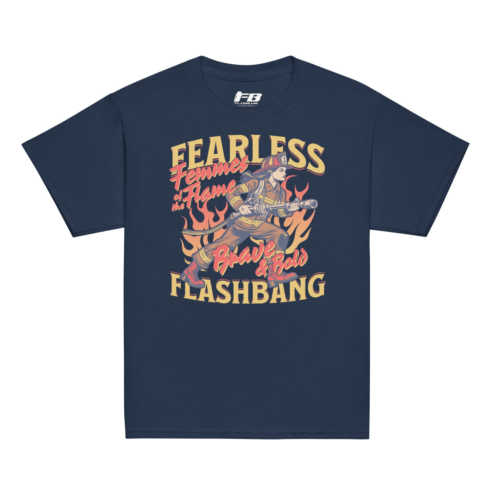 Navy blue t-shirt with colorful graphic and text on a white background