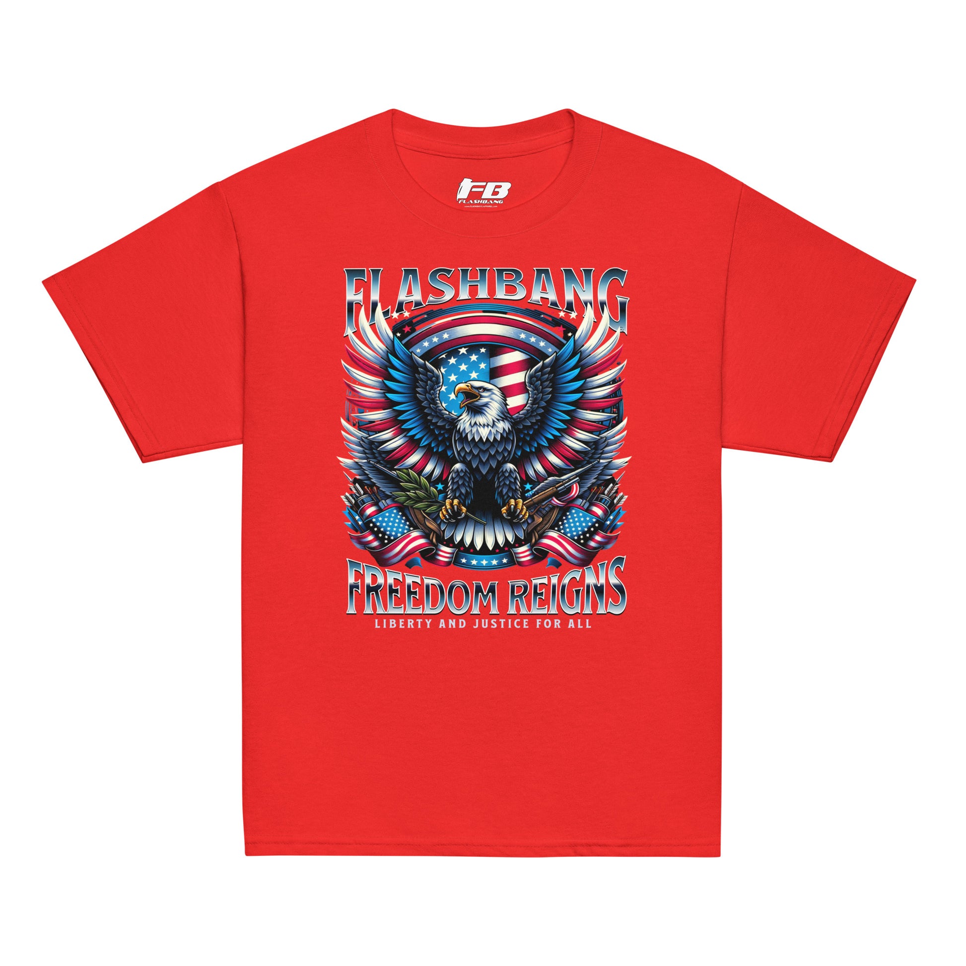 Red t-shirt with 'Flashbang' and 'Freedom Reigns' graphic design on a white background
