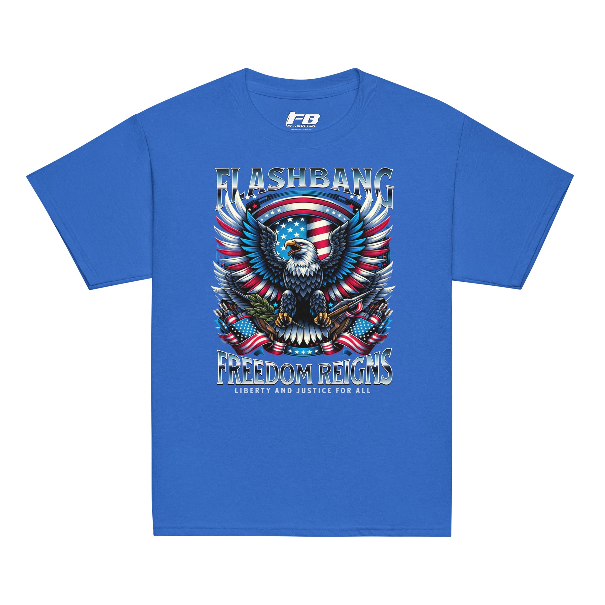 Blue t-shirt with an eagle and American flag design on a white background
