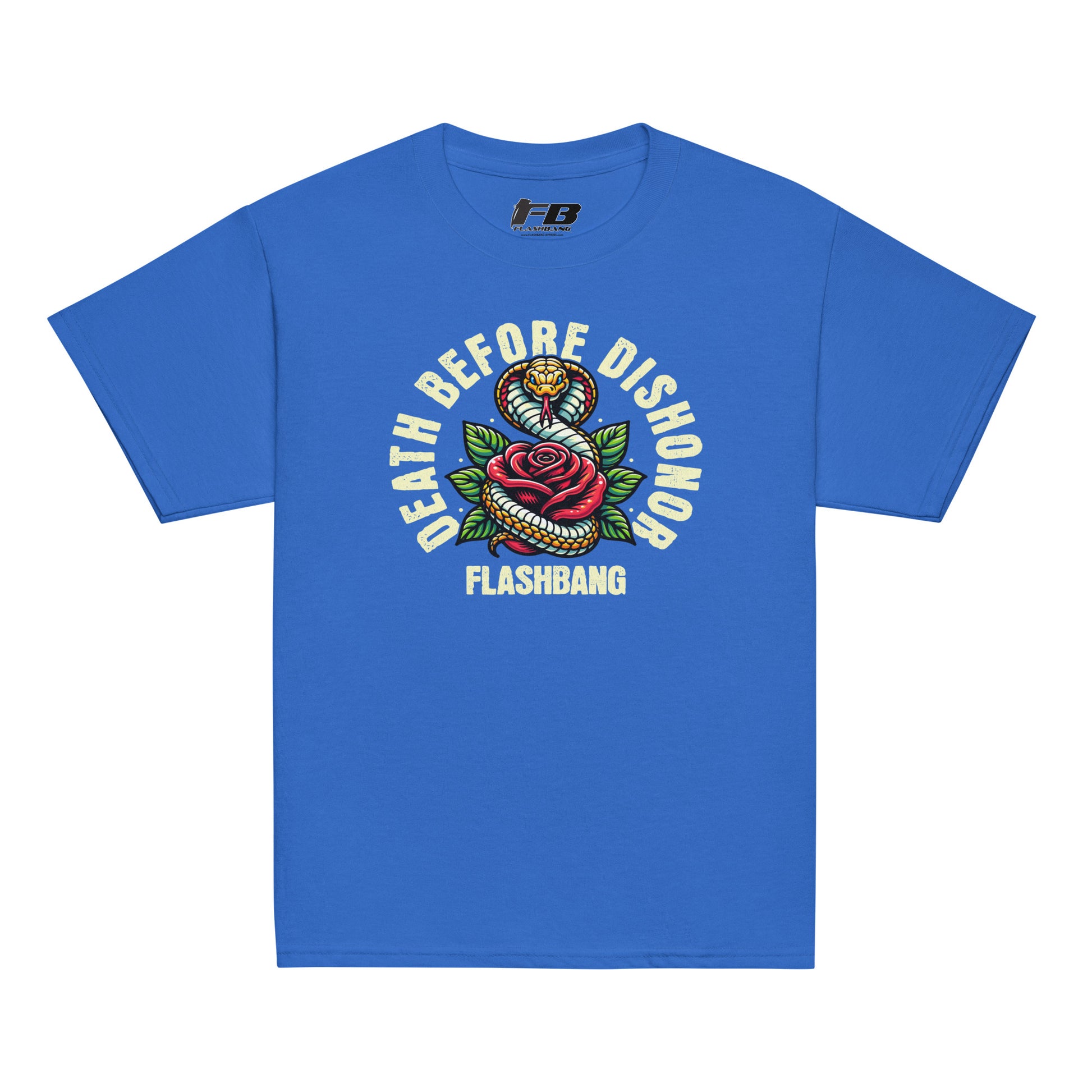 Blue t-shirt with 'Death Before Dishonor' graphic design on a white background