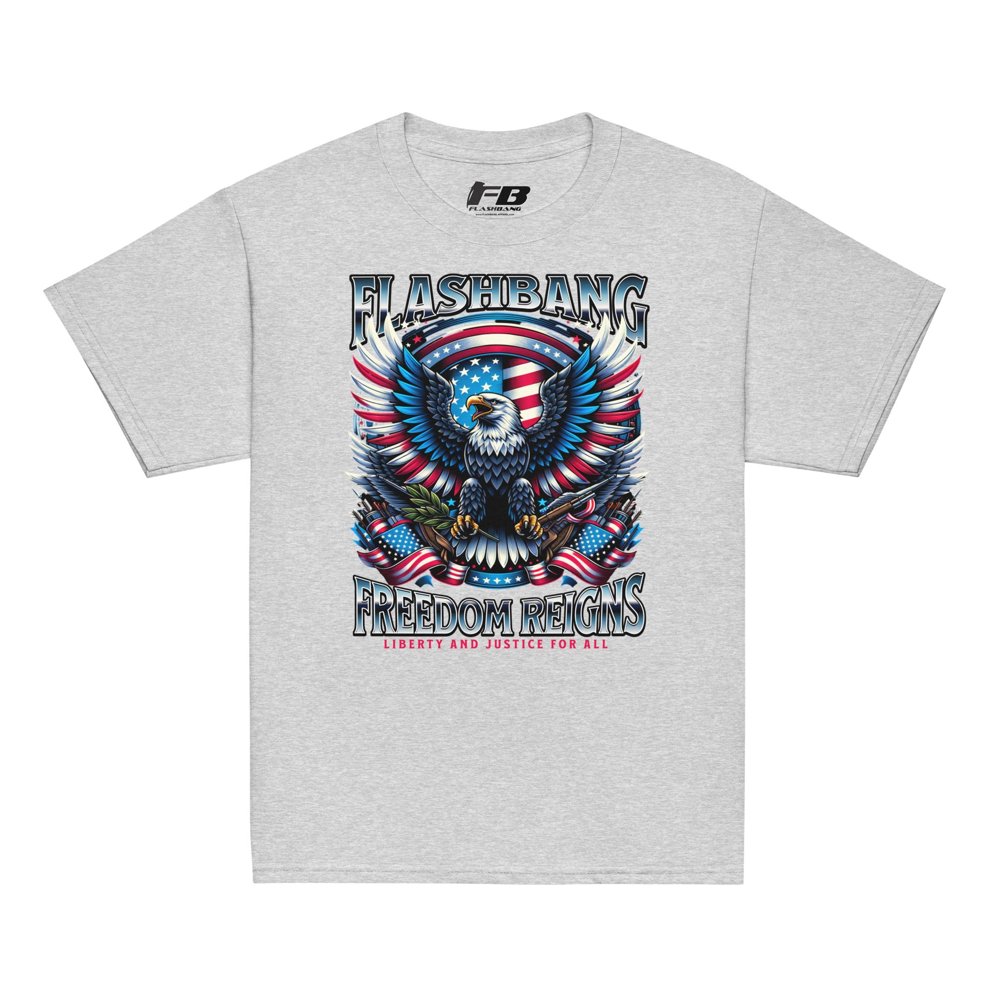 Gray t-shirt with a graphic design featuring an eagle and American flag, labeled 'Flashbang Freedom Reigns'.