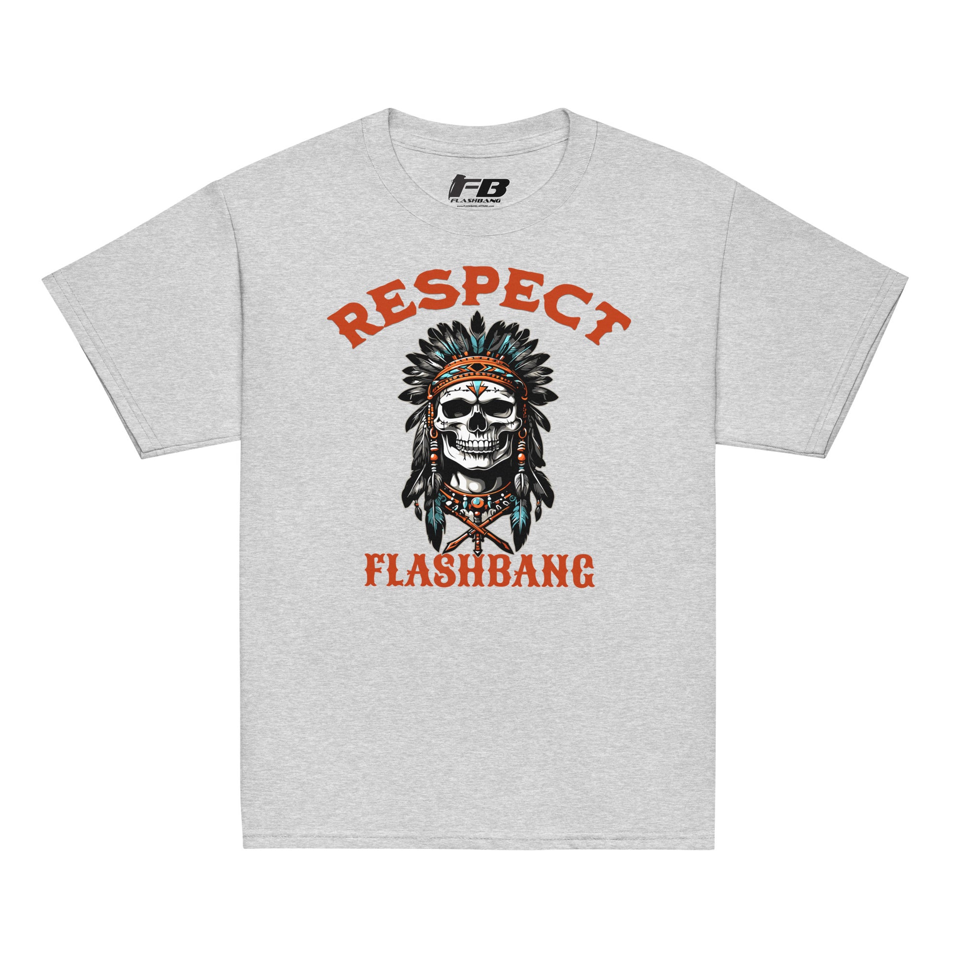 Gray t-shirt with a skull wearing an Indian headdress and 'Respect Flashbang' text on a white background