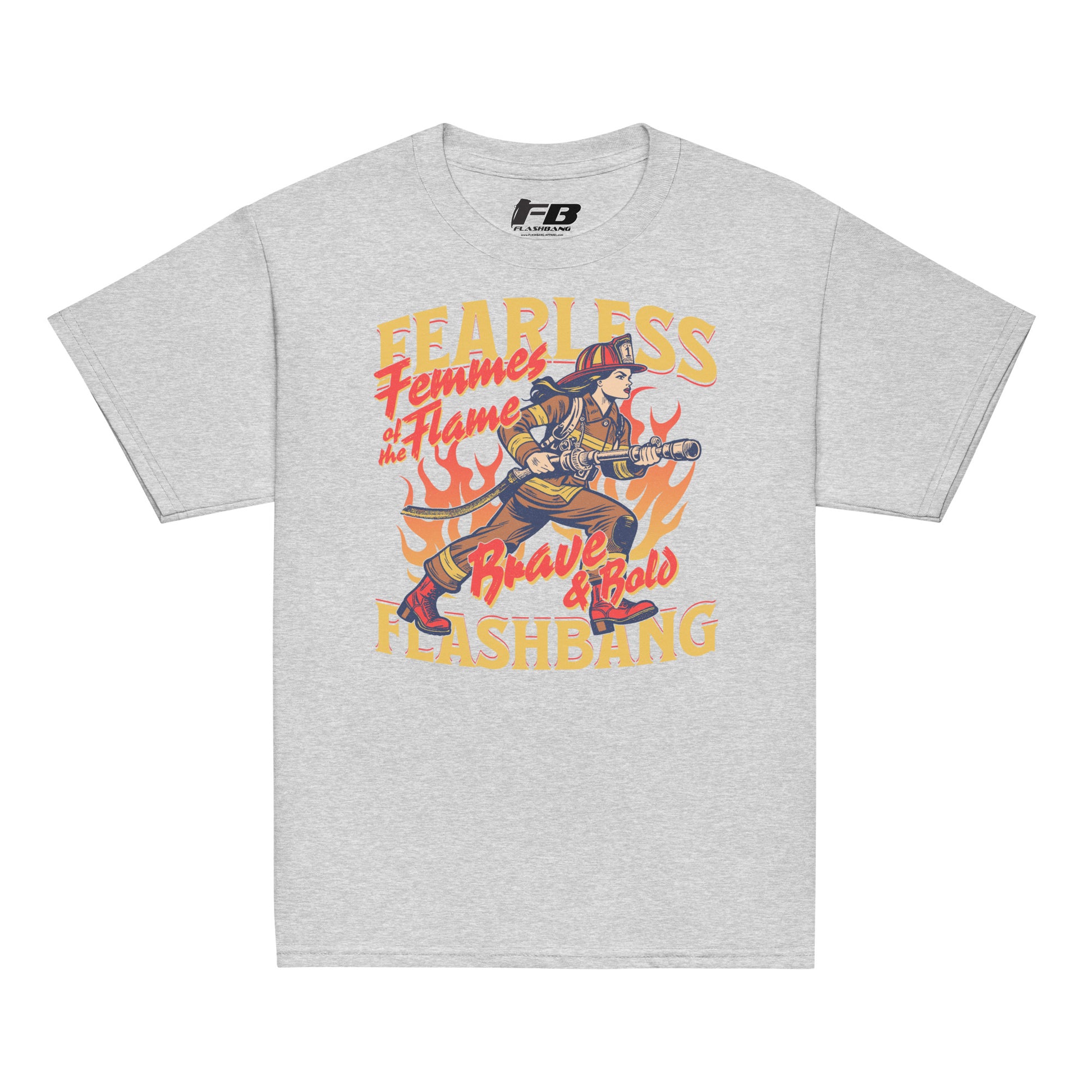 Gray t-shirt with a graphic design of a firefighter and text on a white background