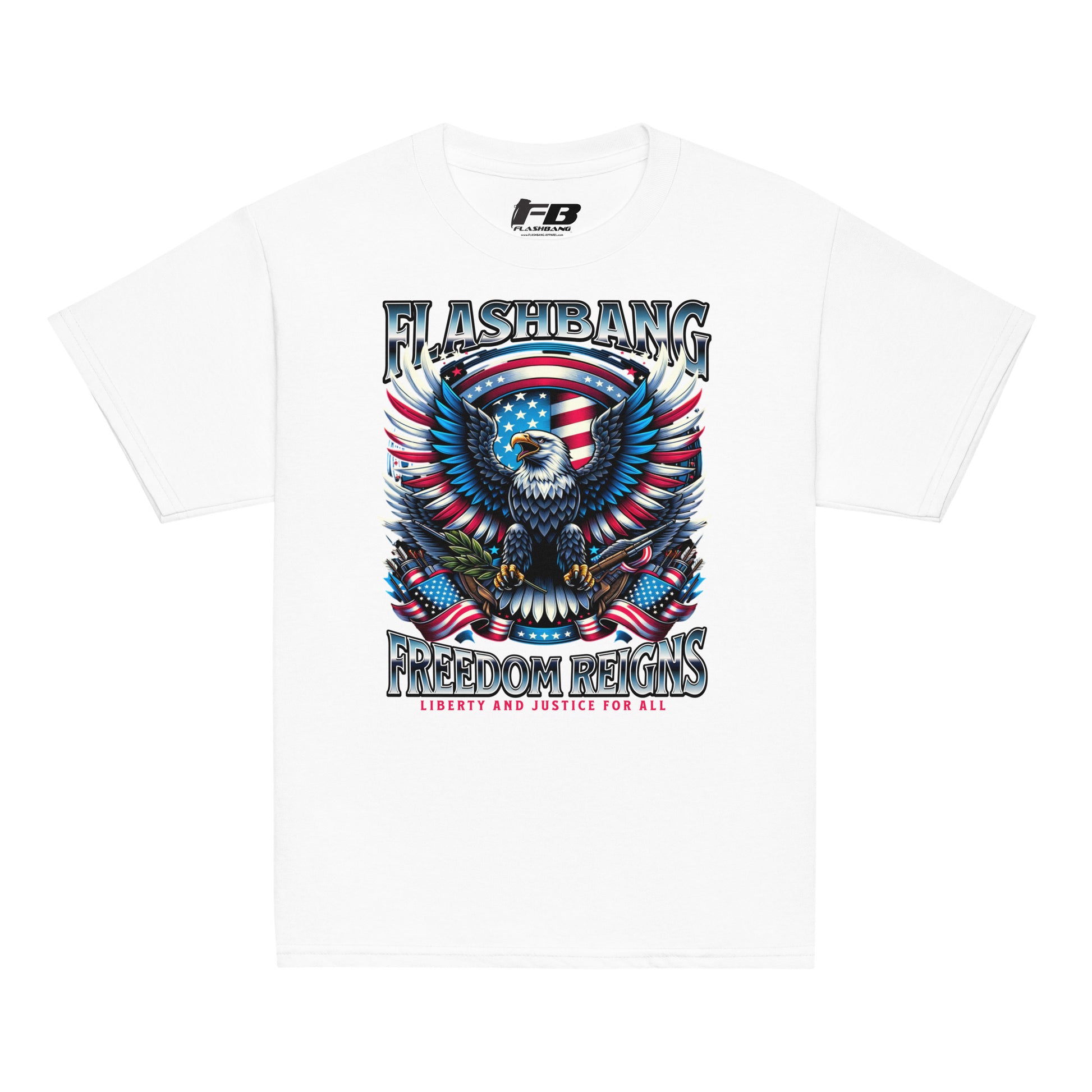 White t-shirt with a graphic design featuring an eagle and American flag, labeled 'Flashbang Freedom Reigns'.