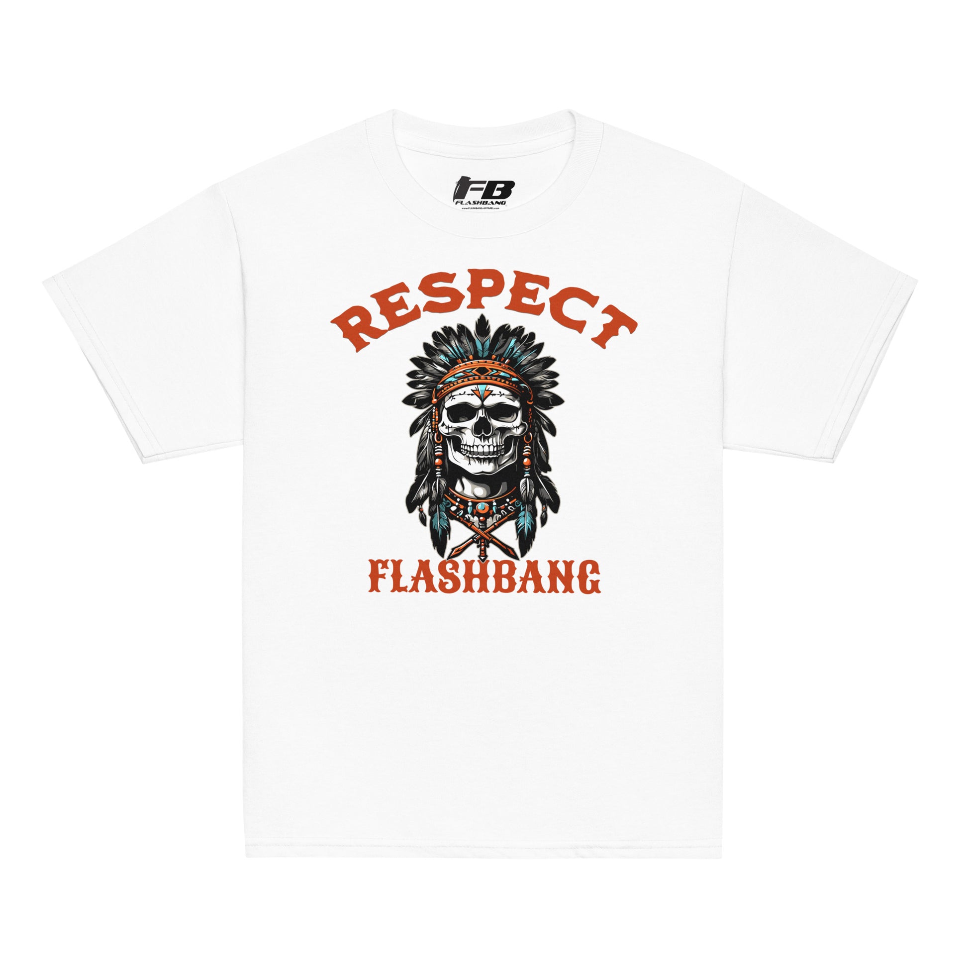 White t-shirt with a skull design and 'Respect Flashbang' text on a white background