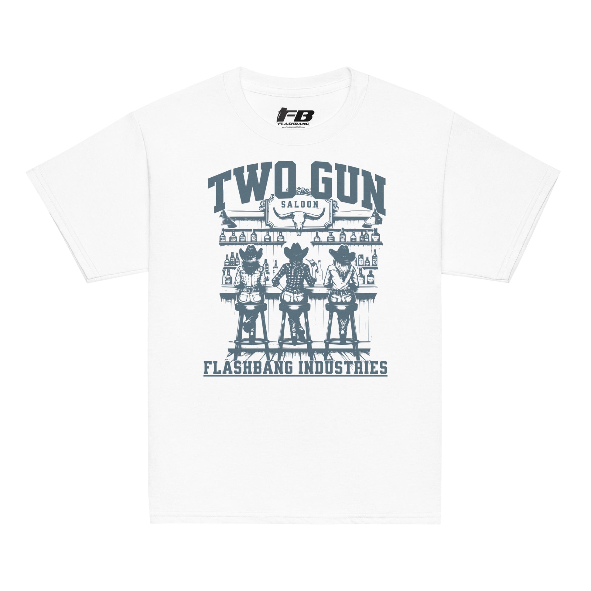 White t-shirt with graphic design and text on a white background