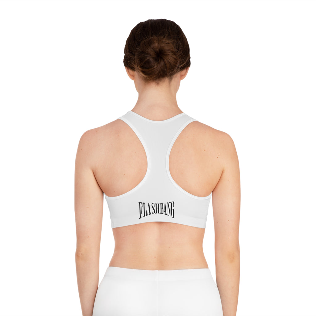 White sports bra with 'FLASHBANG' branding on a white background