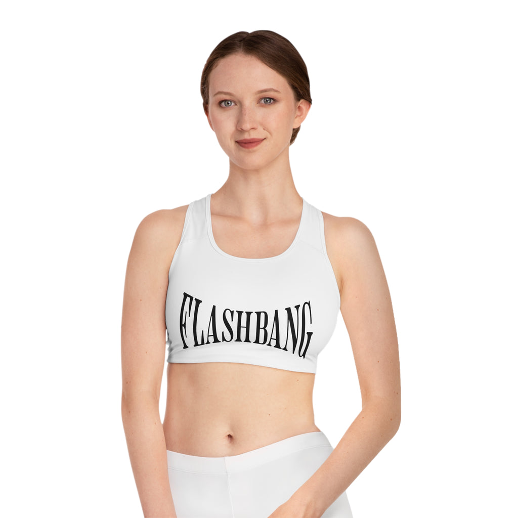 Woman wearing a white sports bra with 'FLASHBANG' text on a white background