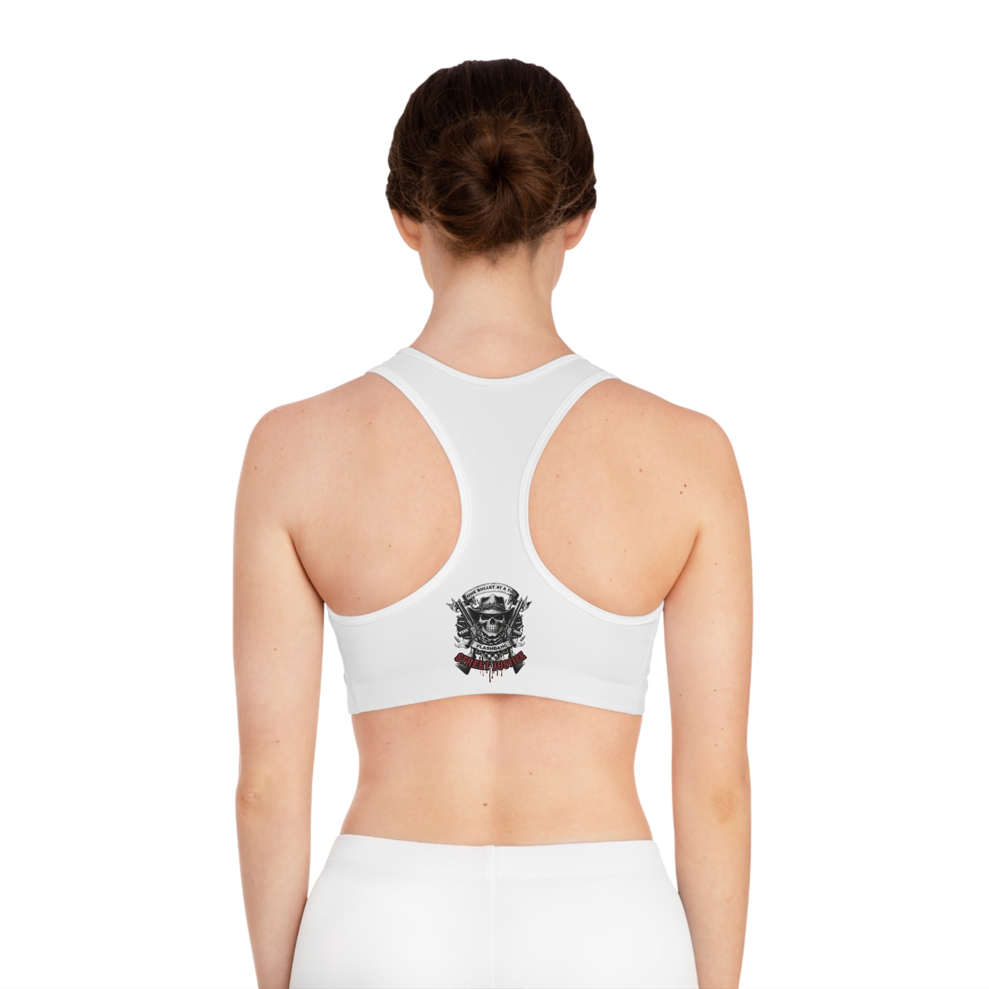Street Justice sports bra featuring skull cowboy design with guns and skull graphic - Racer Back View - White Stitching  - Girl Model