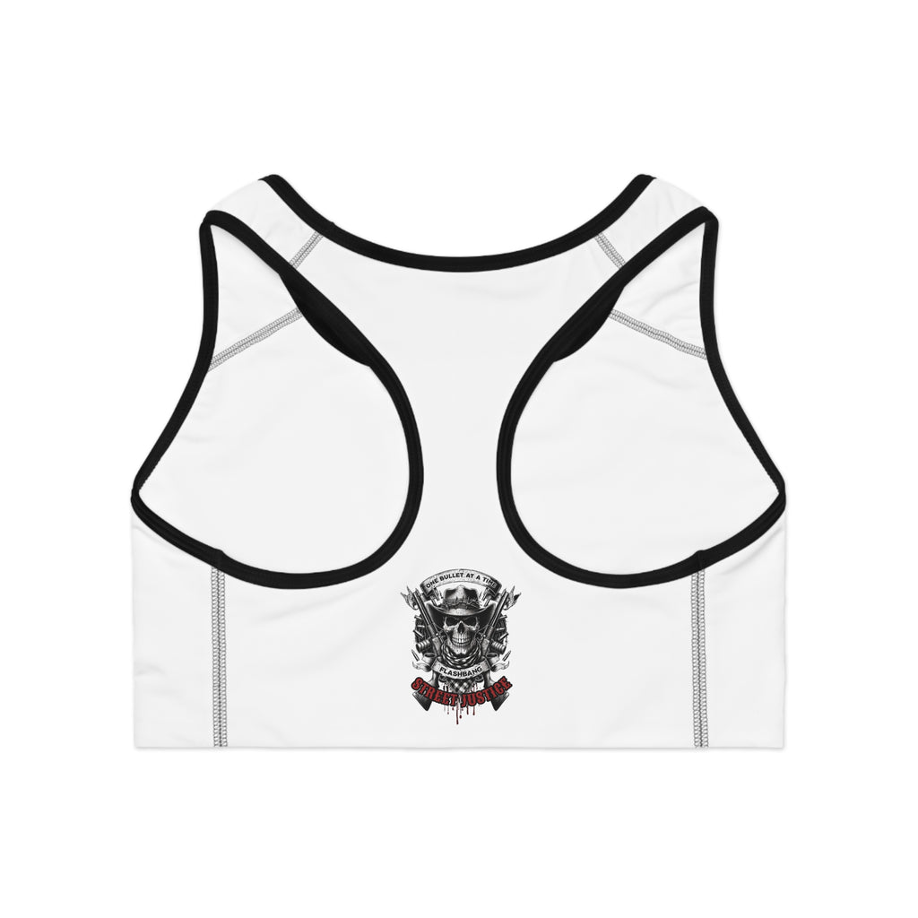 Street Justice sports bra featuring skull cowboy design with guns and skull graphic - Racer Back View - Black Stitching
