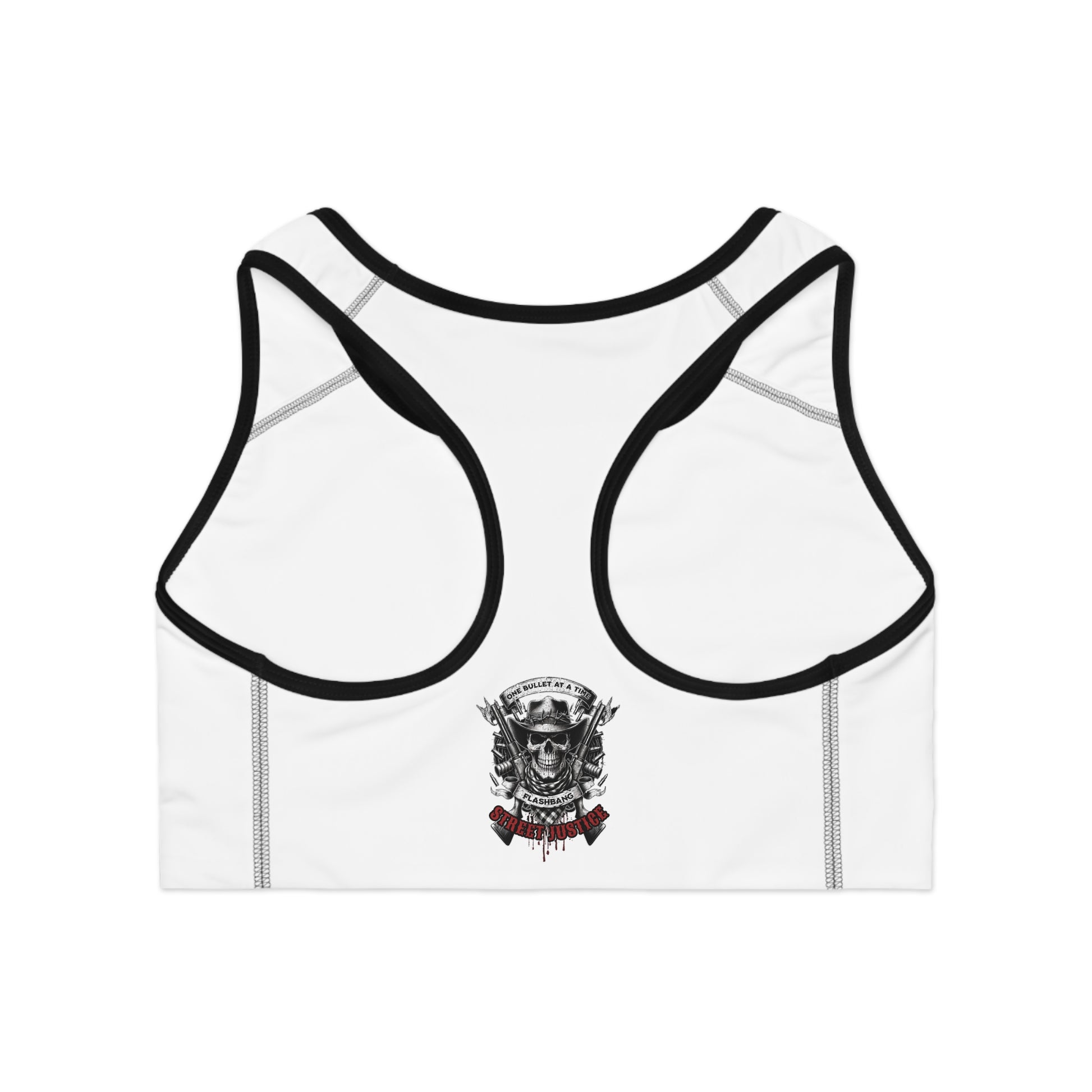 Street Justice sports bra featuring skull cowboy design with guns and skull graphic - Racer Back View - Black Stitching