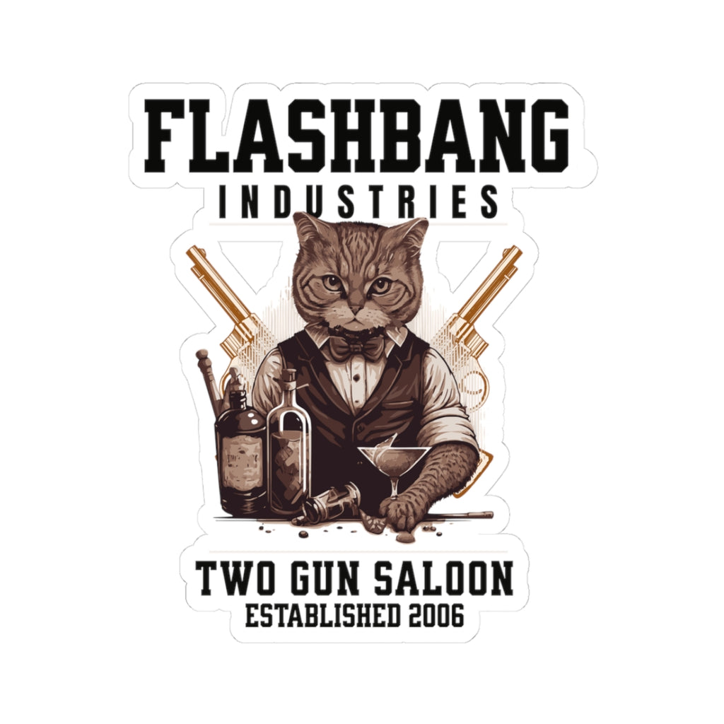 Sticker with a cat in a tuxedo holding a gun and bottle, labeled 'Flashbang Industries Two Gun Saloon'.