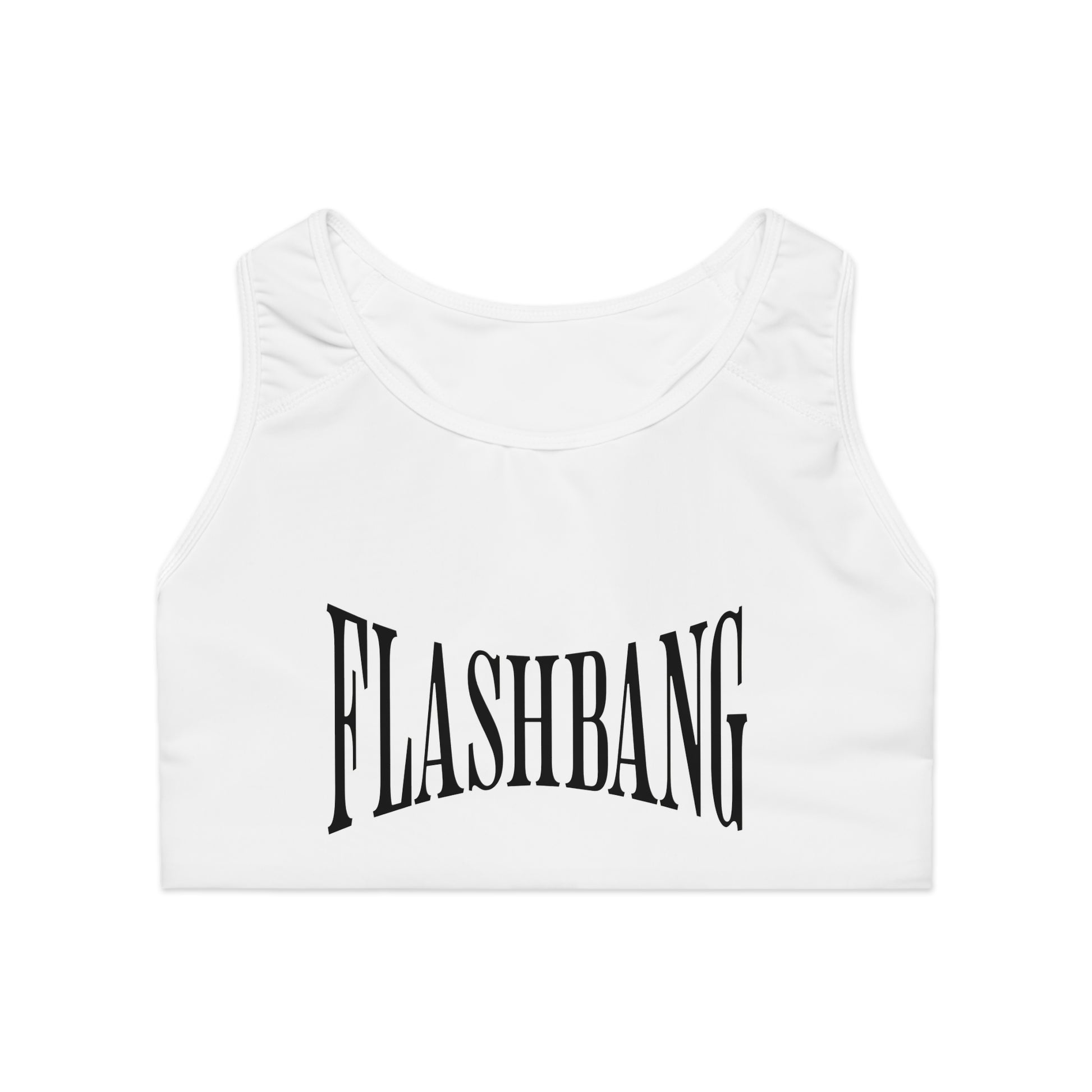 White tank top with 'FLASHBANG' text on a white background
