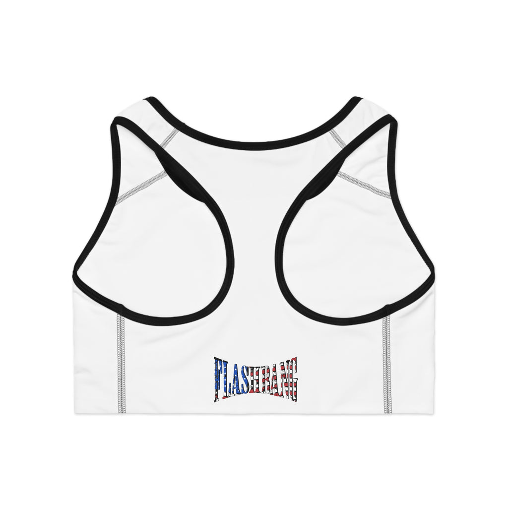 White sports bra with black straps on a white background