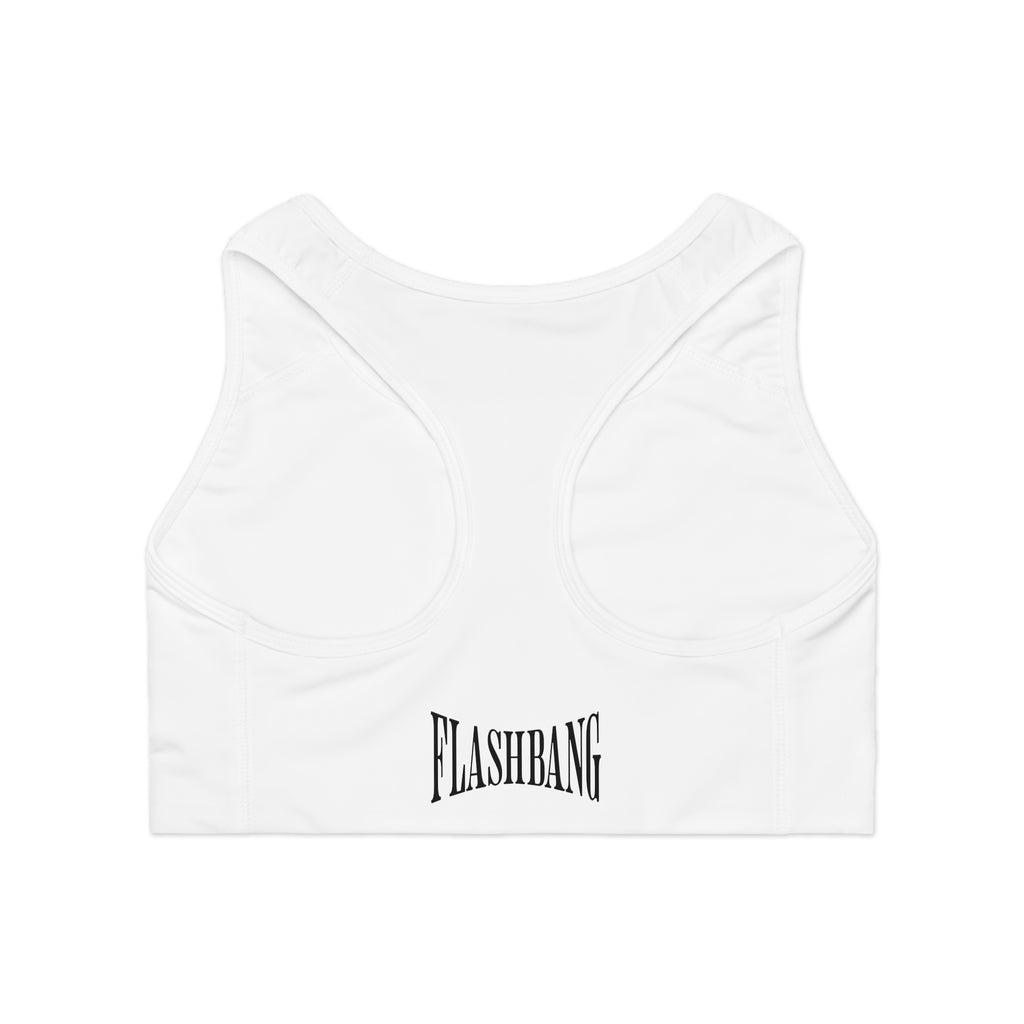 White crop top with 'FLASHBANG' logo on a white background