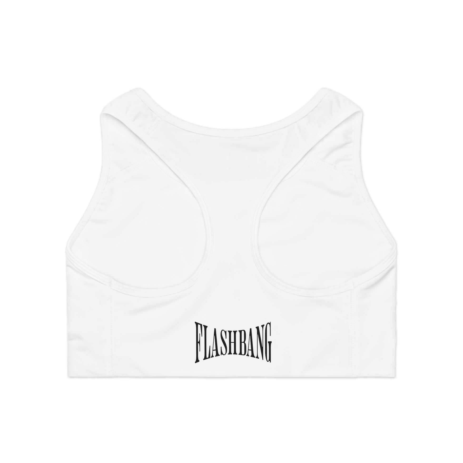 White crop top with 'FLASHBANG' logo on a white background