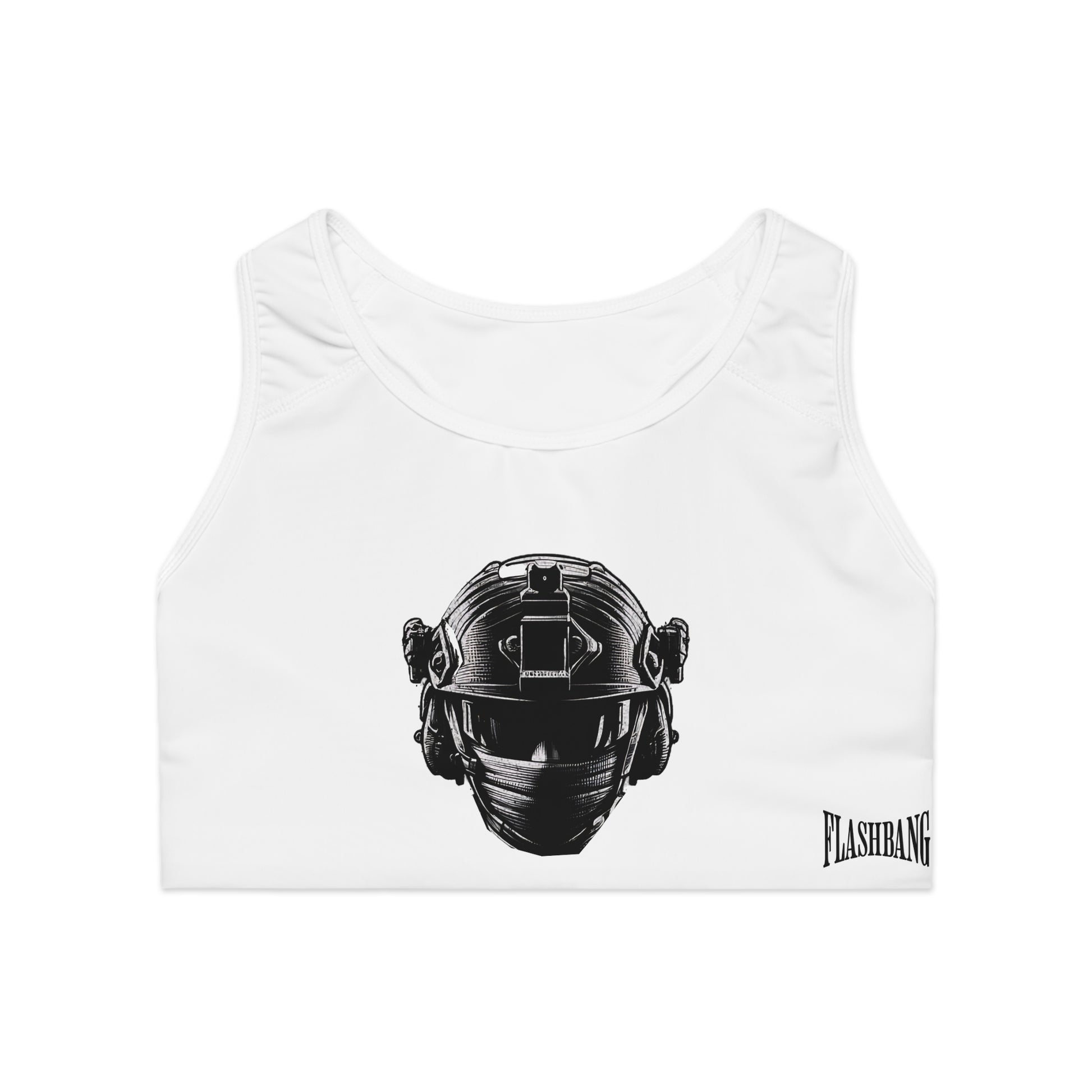 Mostly Peaceful military tactical gym sports bra with swat helmet design, durable support - Front View - White Stitching with Flashbang Text