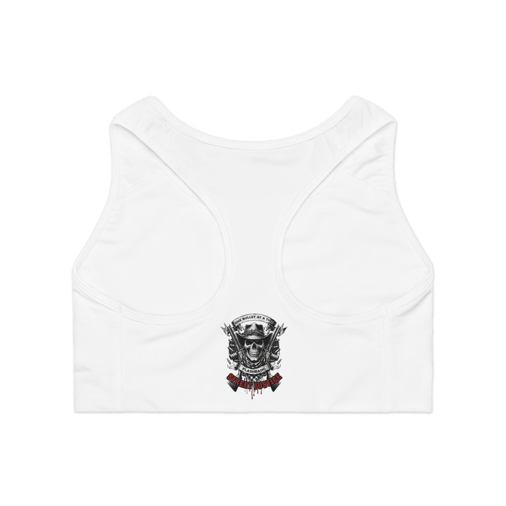 Street Justice sports bra featuring skull cowboy design with guns and skull graphic - Racer Back View - White Stitching