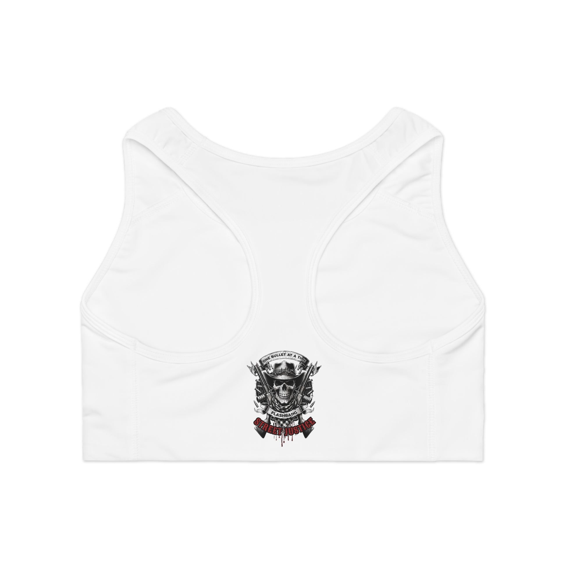 Street Justice sports bra featuring skull cowboy design with guns and skull graphic - Racer Back View - White Stitching