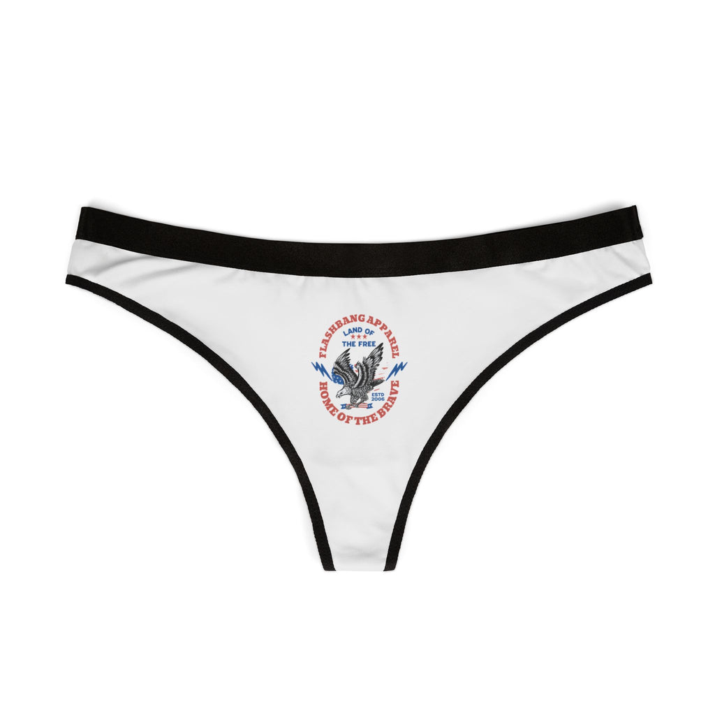 White thong with black trim featuring an eagle emblem on a white background