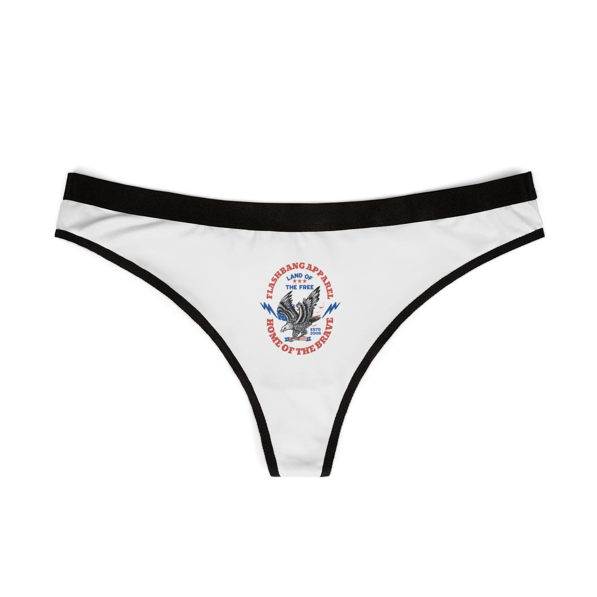 White thong with black trim featuring an eagle emblem on a white background