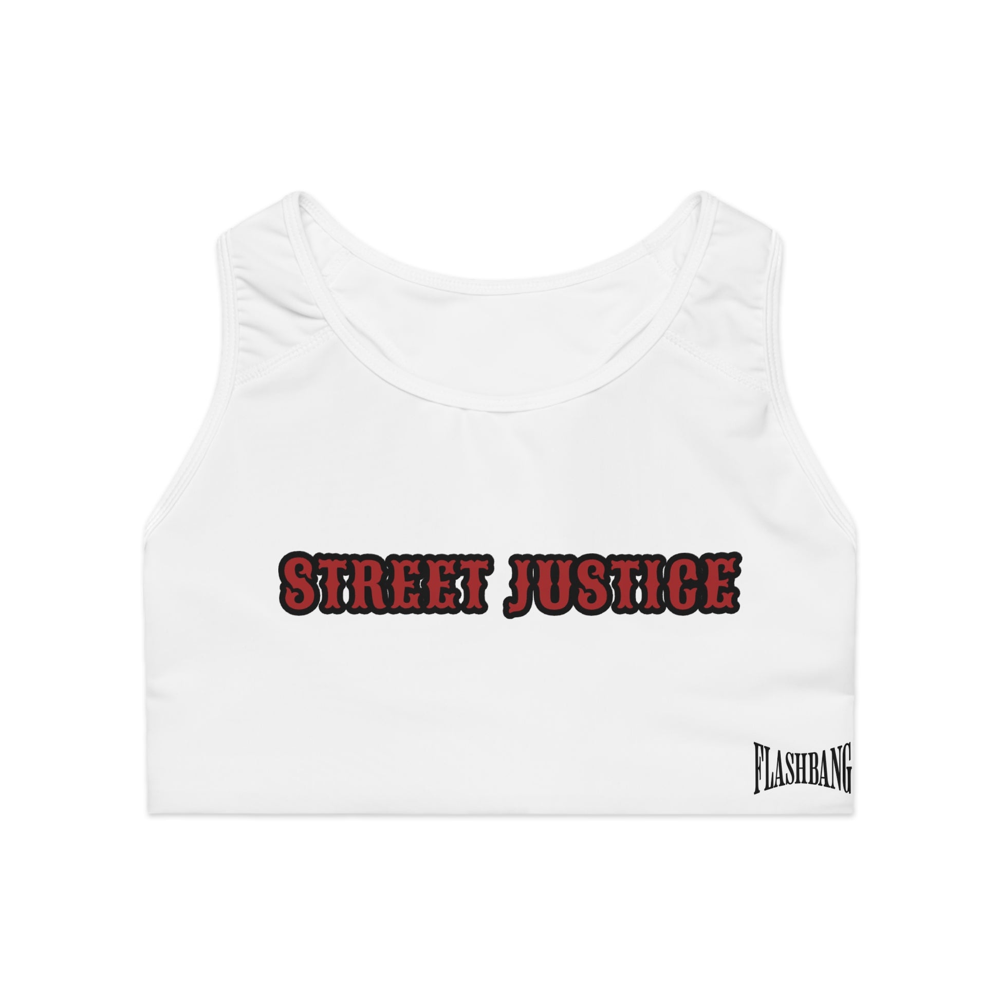 Street Justice sports bra featuring skull cowboy design with guns and skull graphic - Front View - White Stitching with Flashbang Text