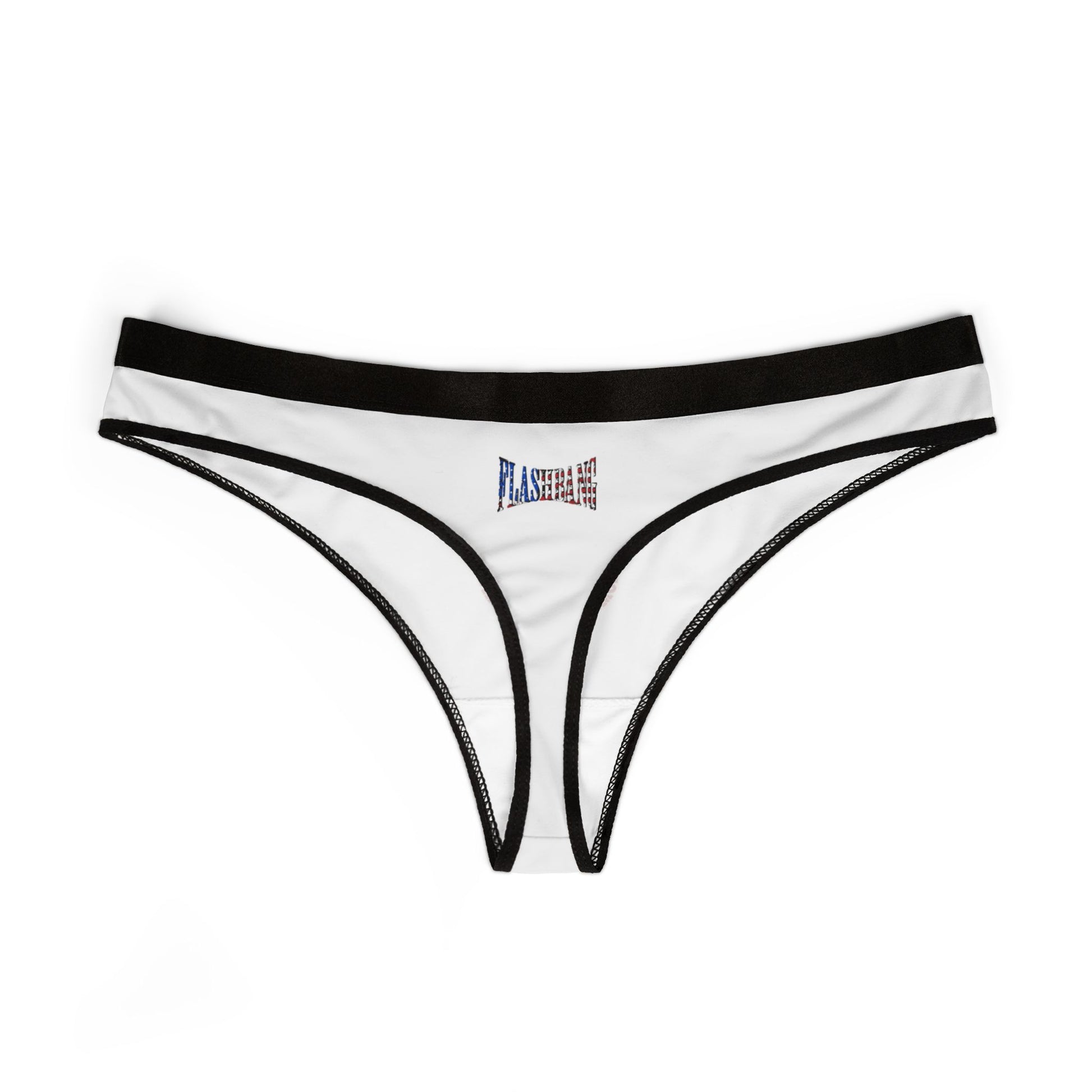 White thong with black trim on a white background