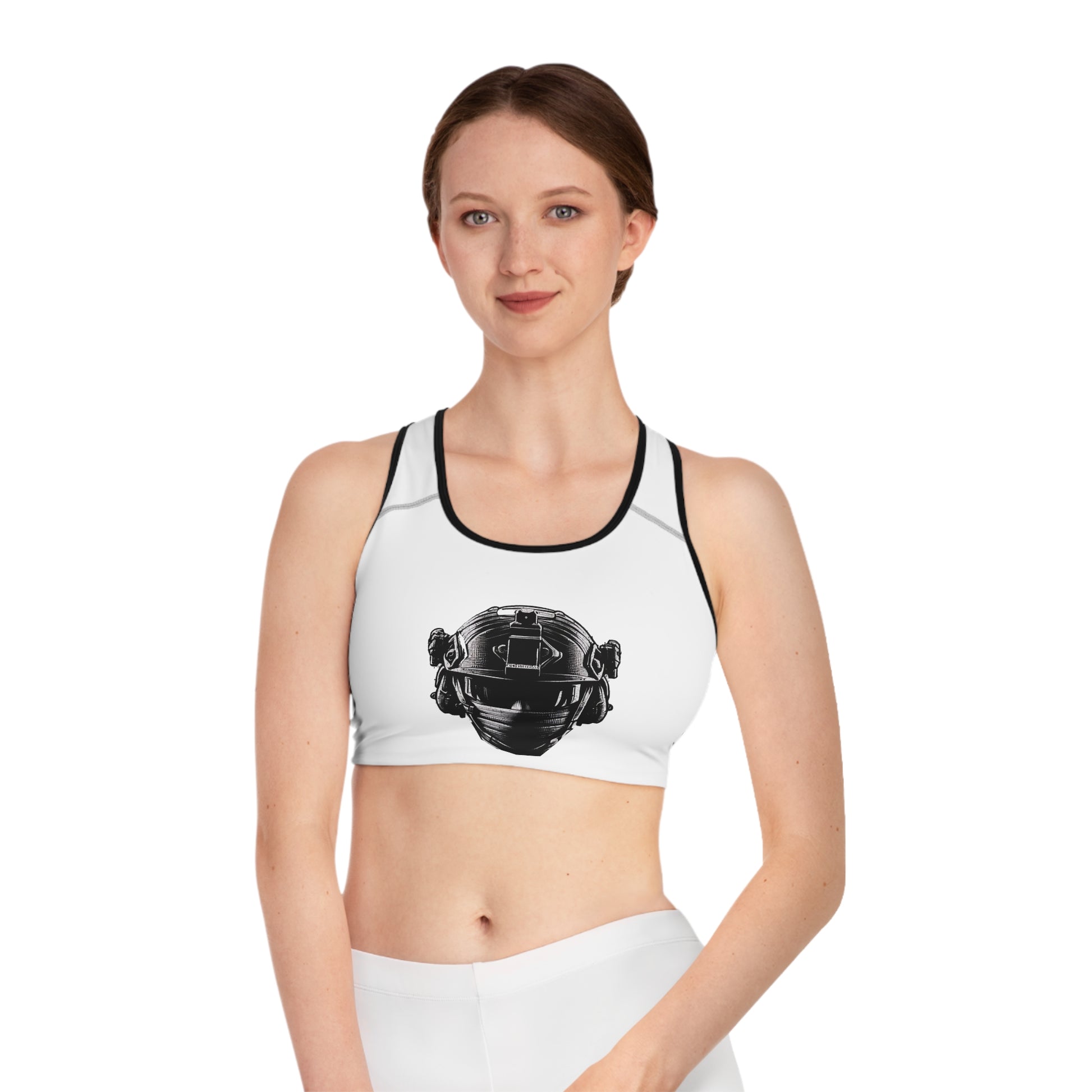 Mostly Peaceful military tactical gym sports bra with swat helmet design, durable support - Front View - Black Stitching with Flashbang Text -  Girl Model