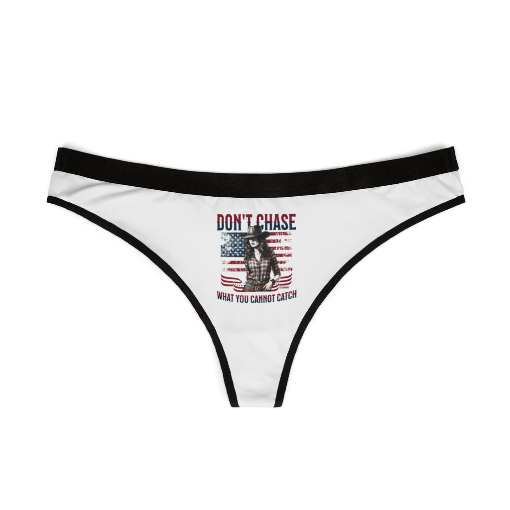 White thong with black trim featuring an American flag and text on a white background