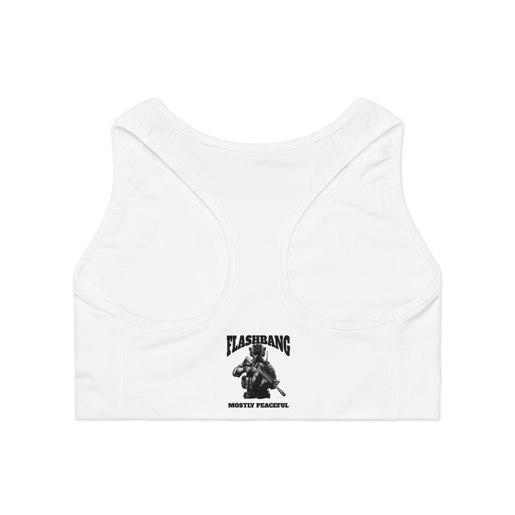 Mostly Peaceful military tactical gym sports bra with swat helmet design, durable support - Racer Back View - White Stitching with Flashbang Text