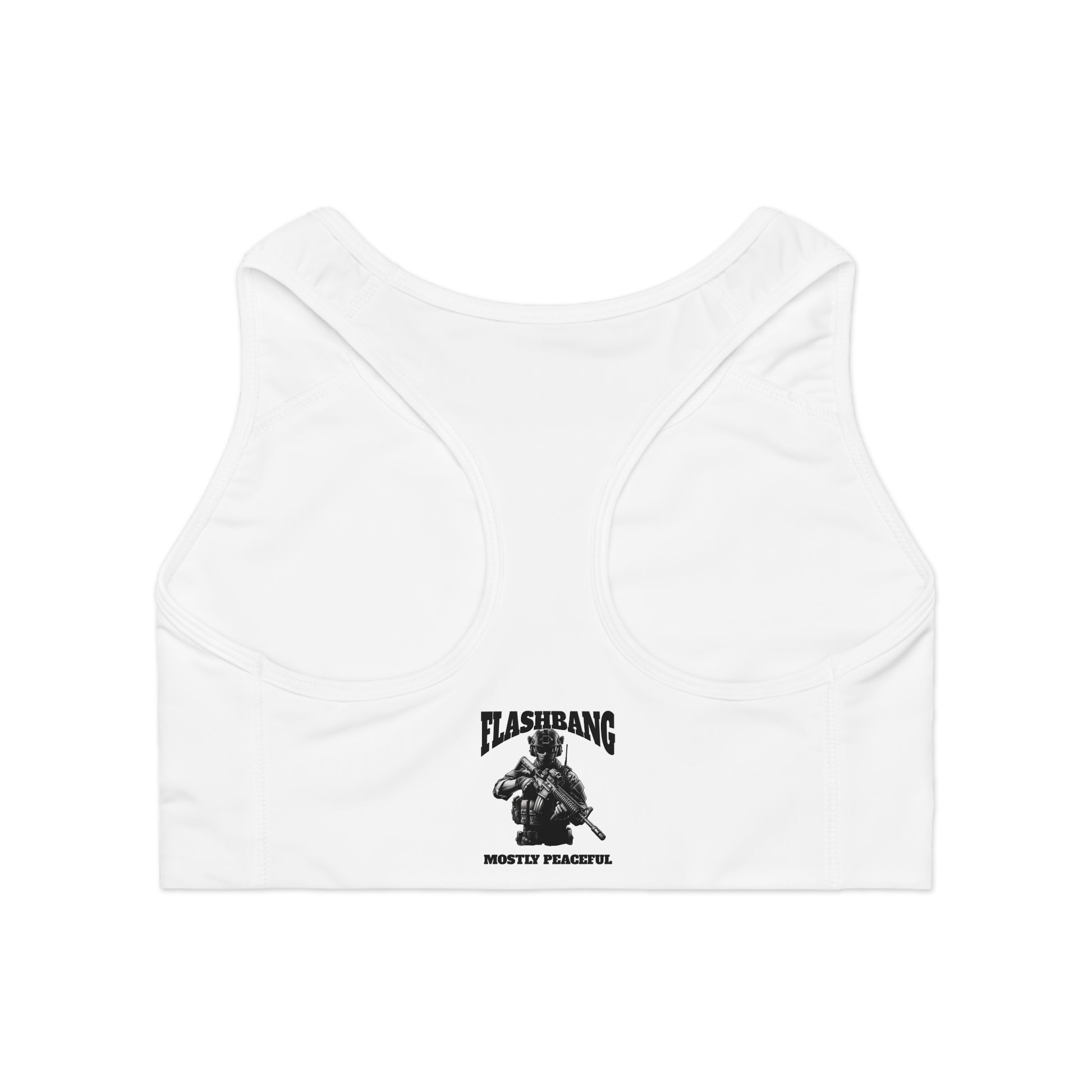 Mostly Peaceful military tactical gym sports bra with swat helmet design, durable support - Racer Back View - White Stitching with Flashbang Text