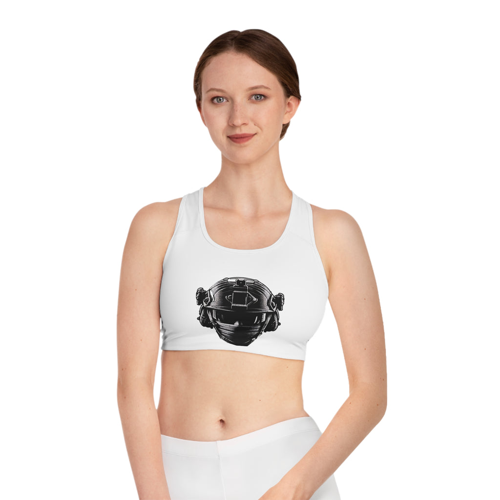 Mostly Peaceful military tactical gym sports bra with swat helmet design, durable support - Front View - White Stitching with Flashbang Text -  Girl Model
