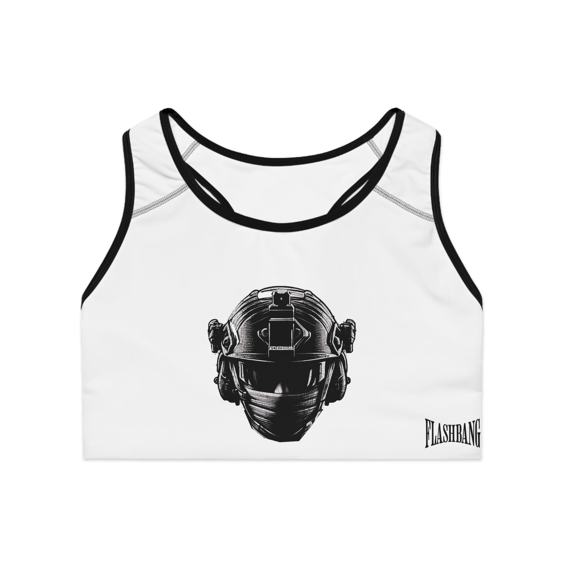 Mostly Peaceful military tactical gym sports bra with swat helmet design, durable support - Front View - Black Stitching with Flashbang Text
