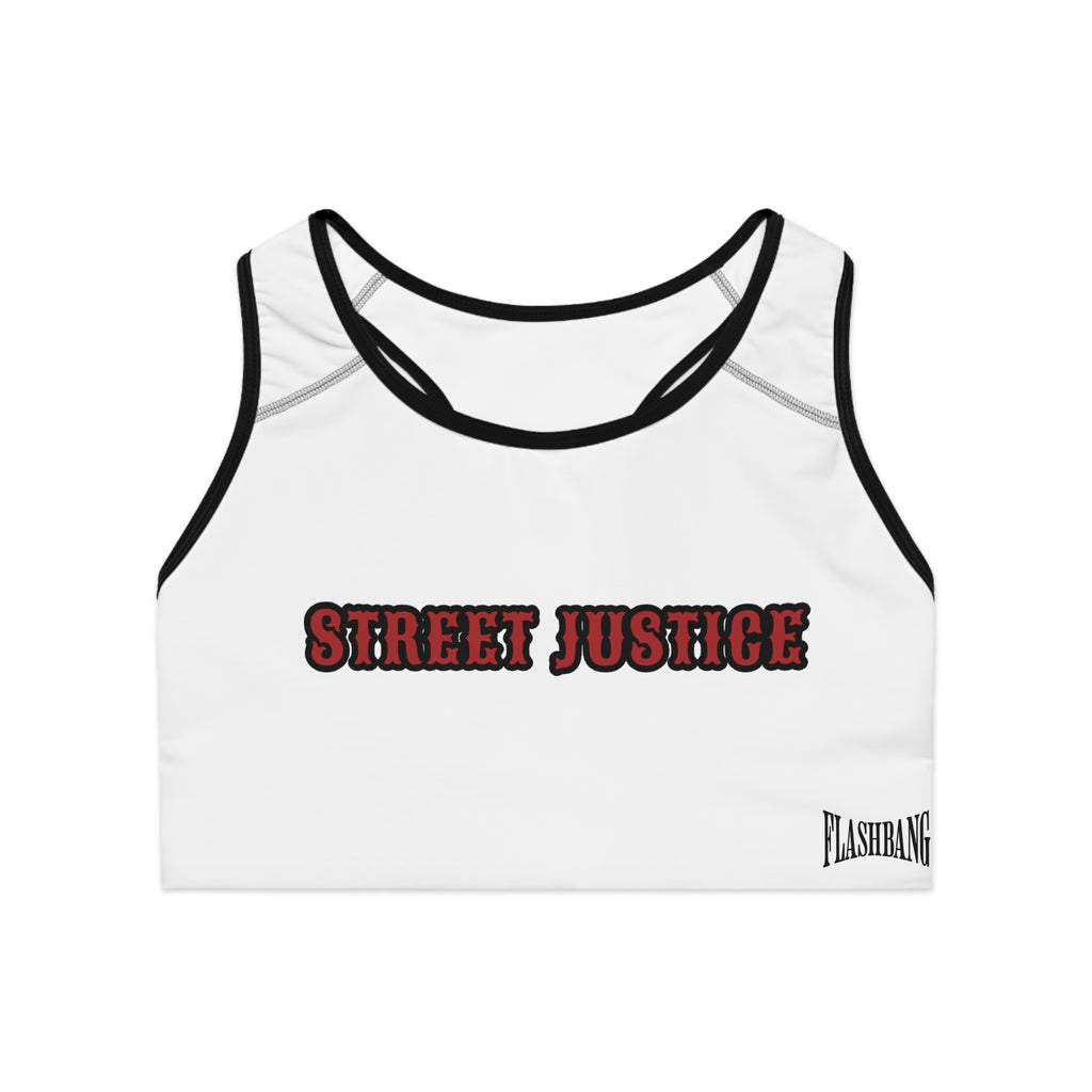 Street Justice sports bra featuring skull cowboy design with guns and skull graphic - Front View - Black Stitching with Flashbang Text