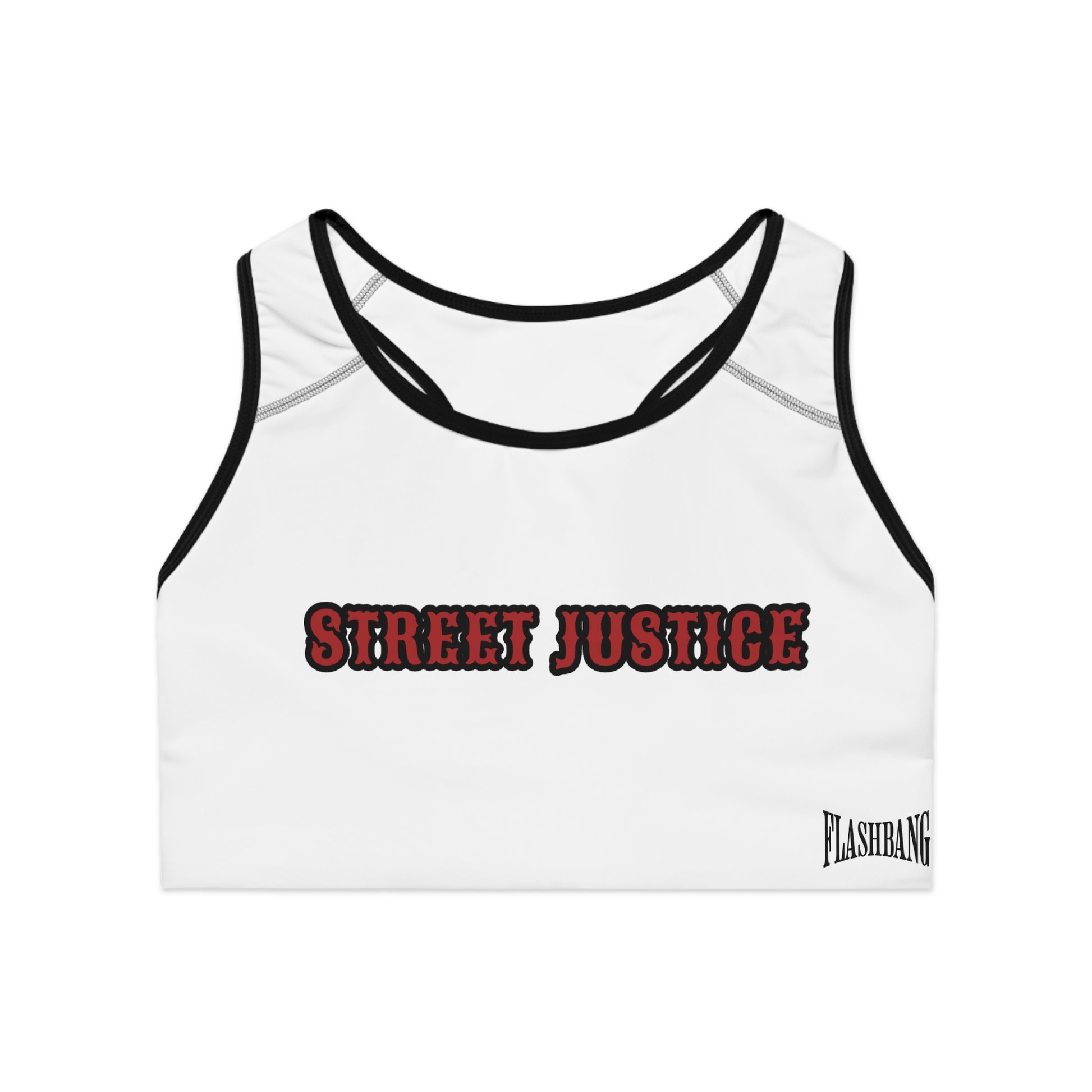 Street Justice sports bra featuring skull cowboy design with guns and skull graphic - Front View - Black Stitching with Flashbang Text