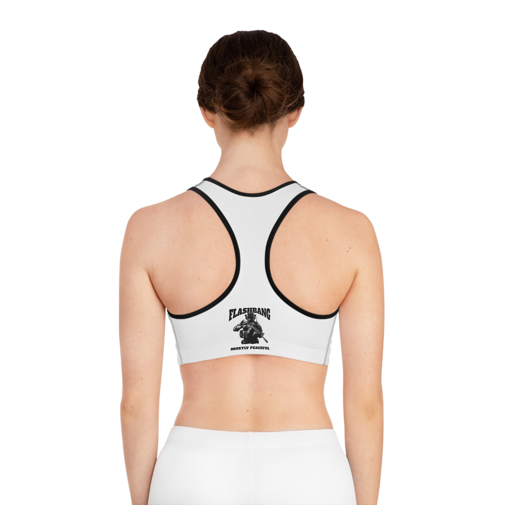 Mostly Peaceful military tactical gym sports bra with swat helmet design, durable support - Racer Back View - Black Stitching with Flashbang Text -  Girl Model