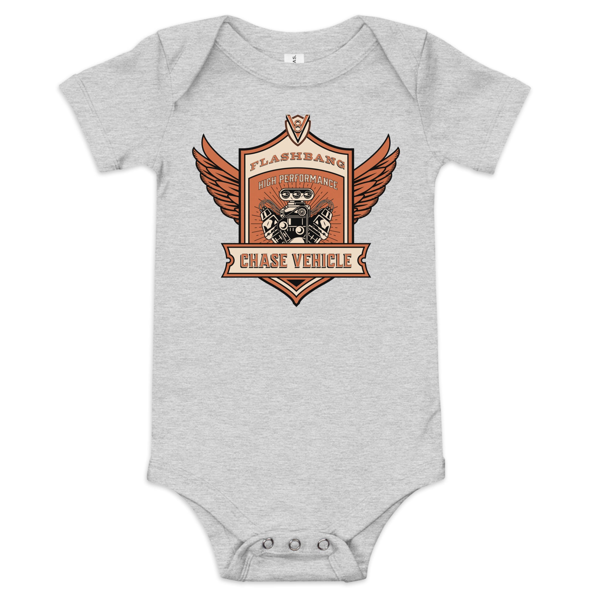 Gray baby onesie with a graphic design on a white background