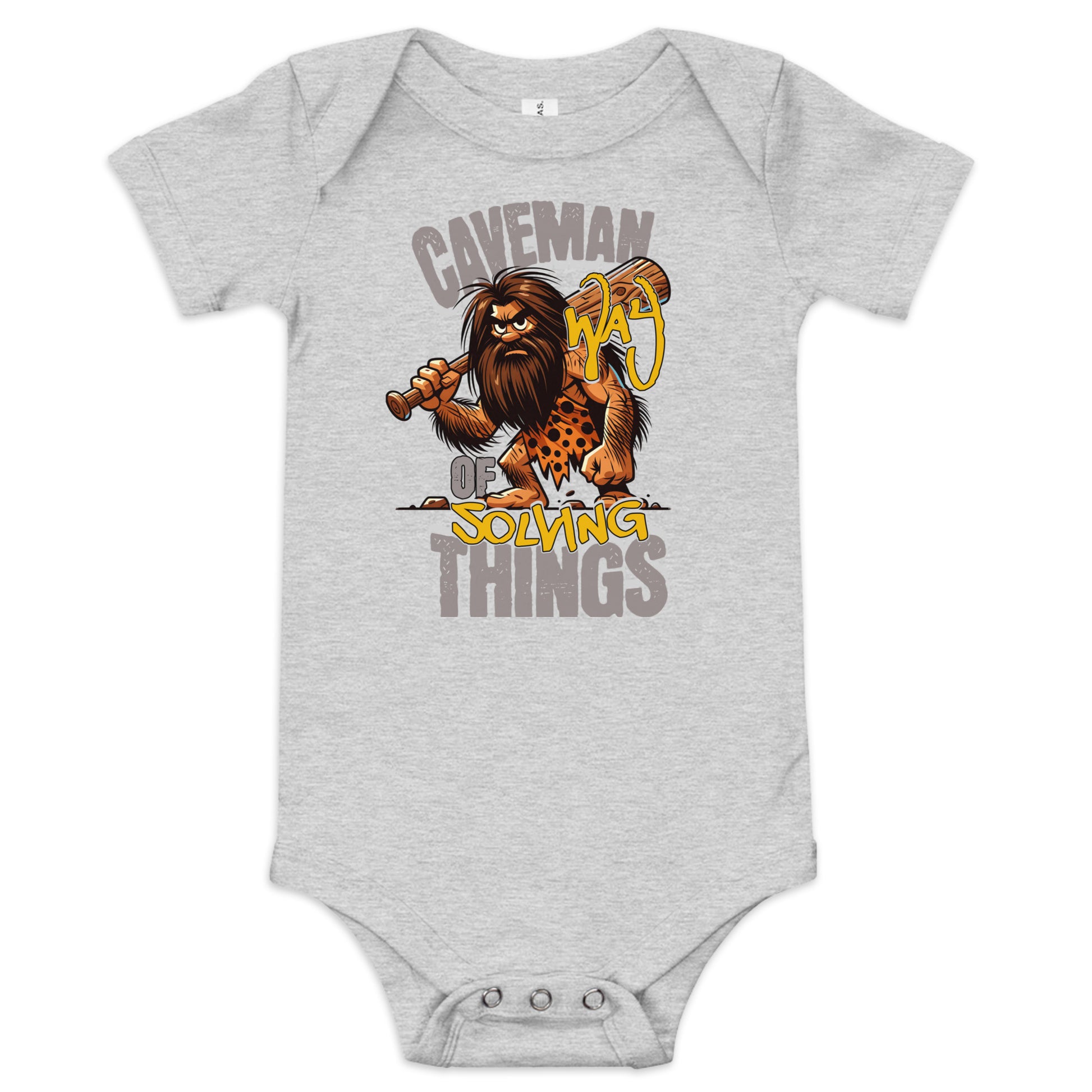 Gray baby onesie with a caveman graphic and text on a white background