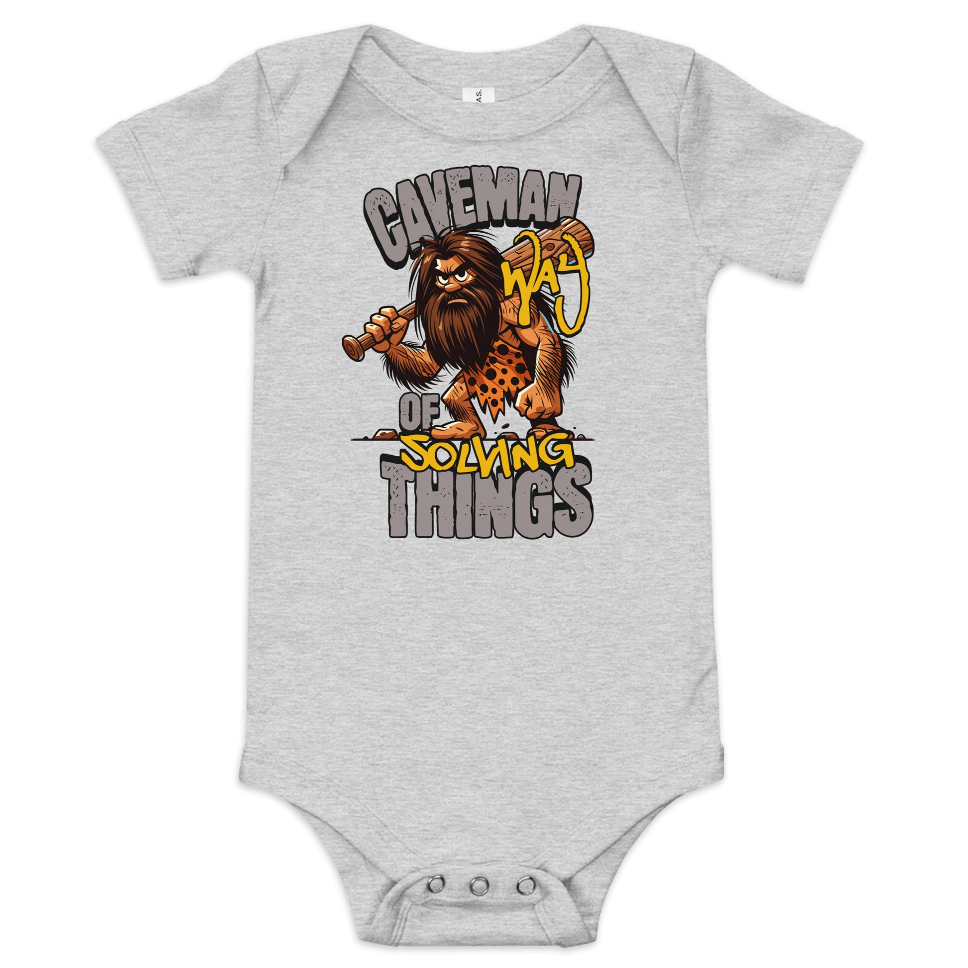 Gray baby onesie with a cartoon caveman design and text on a white background