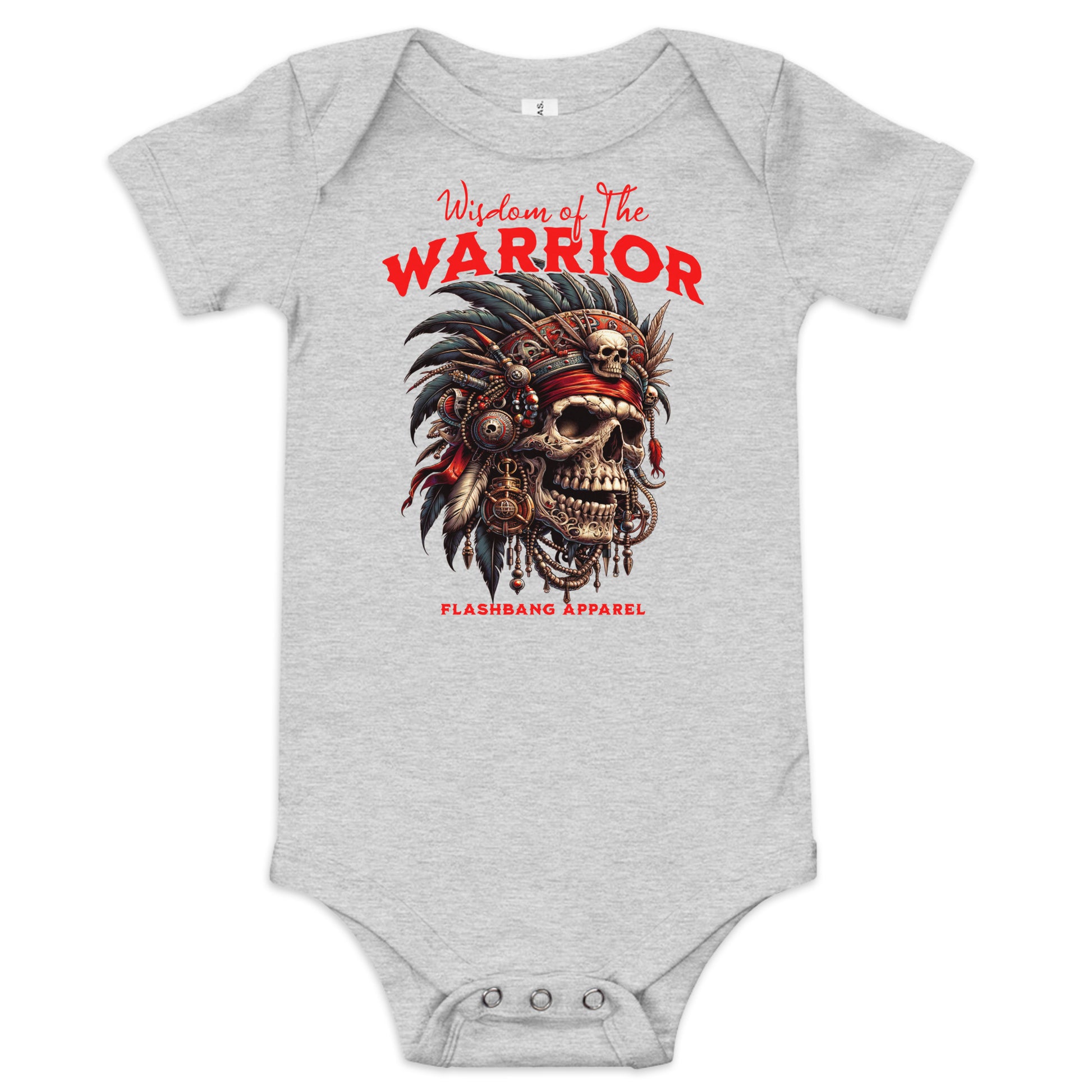 Gray baby onesie with warrior design and text on a white background