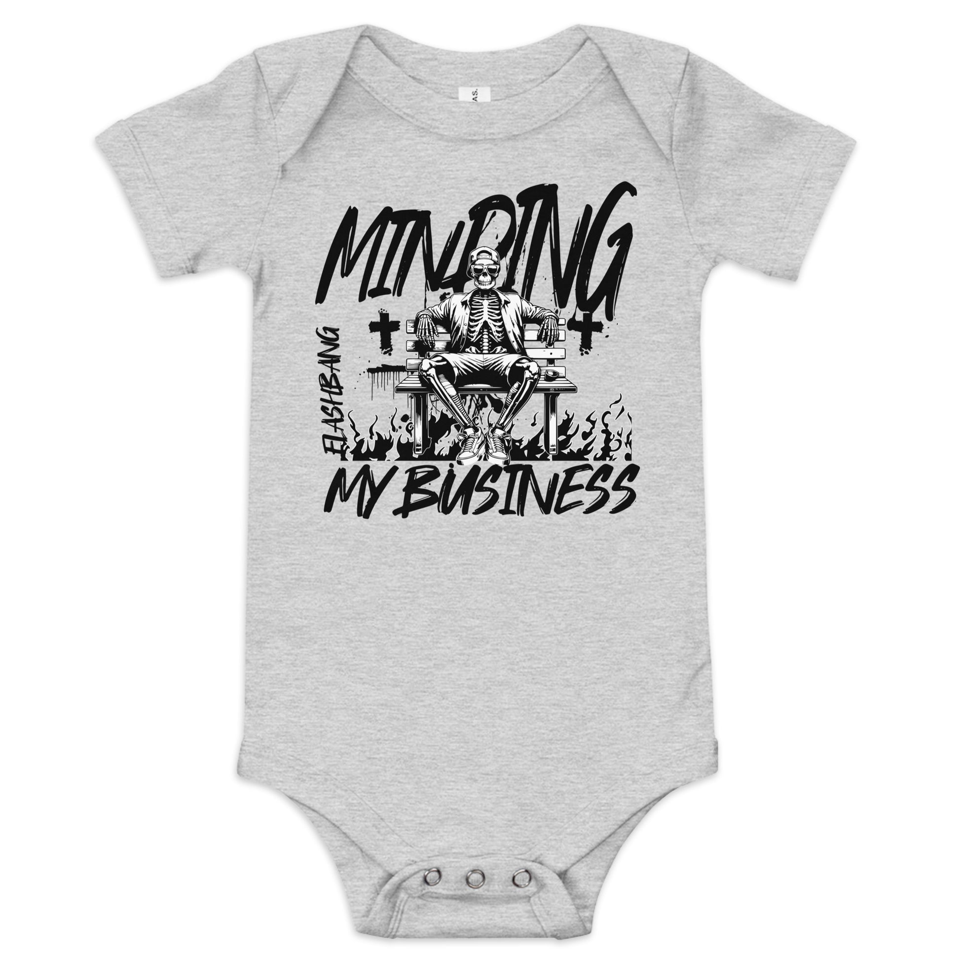 Gray baby onesie with black graphic and text on a white background