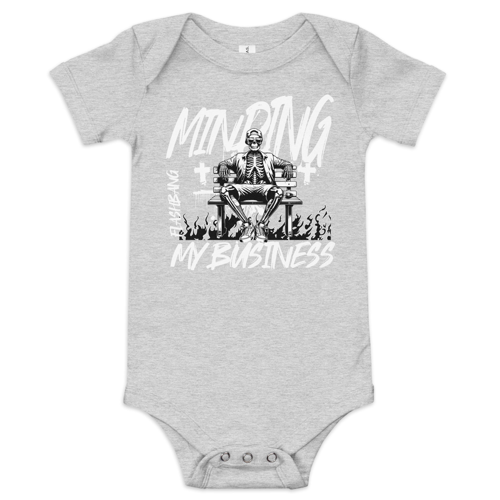 Gray baby onesie with a skeleton design and text on a white background