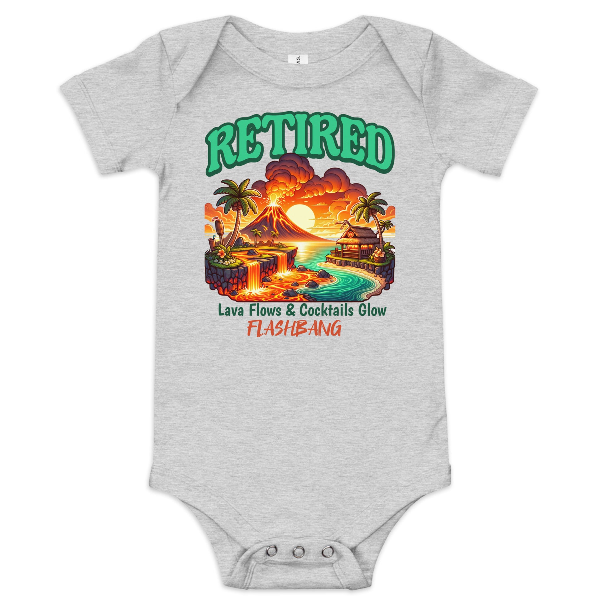 Gray baby onesie with a tropical design and text on a white background