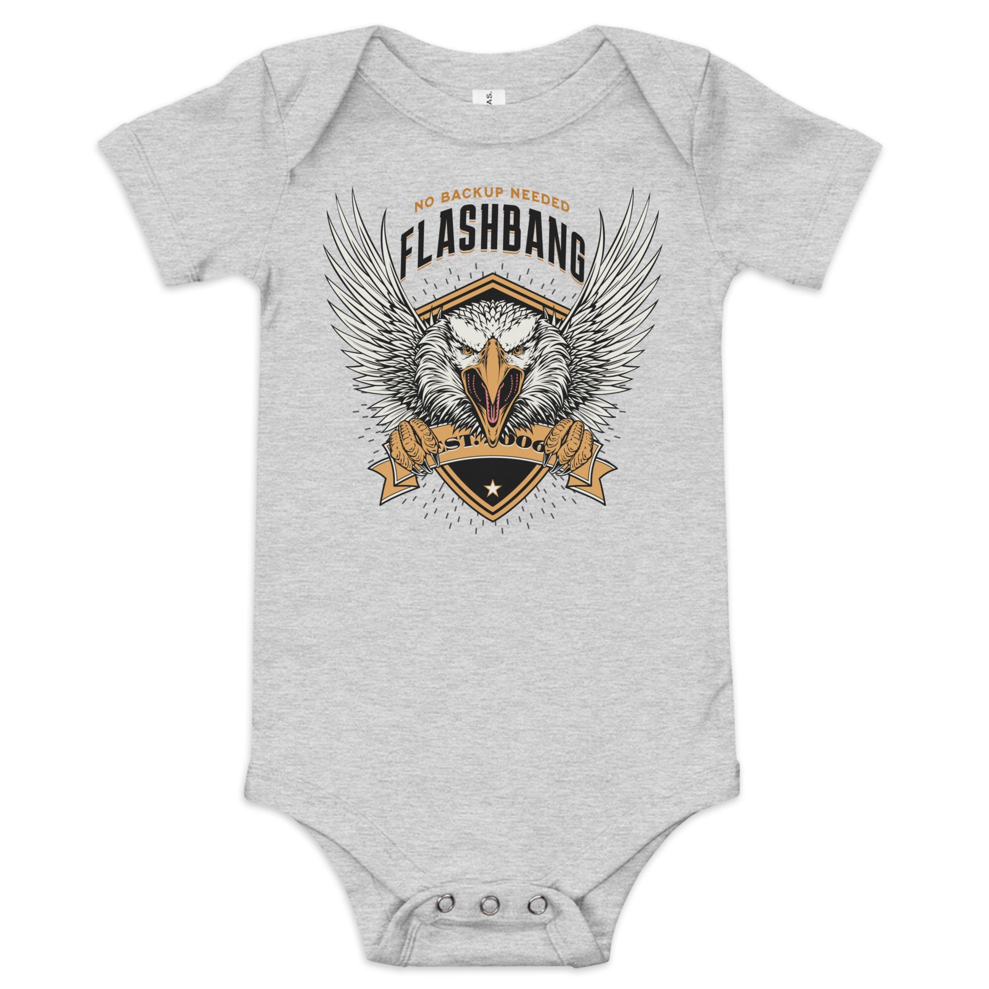 Gray baby onesie with an eagle design and text on a white background
