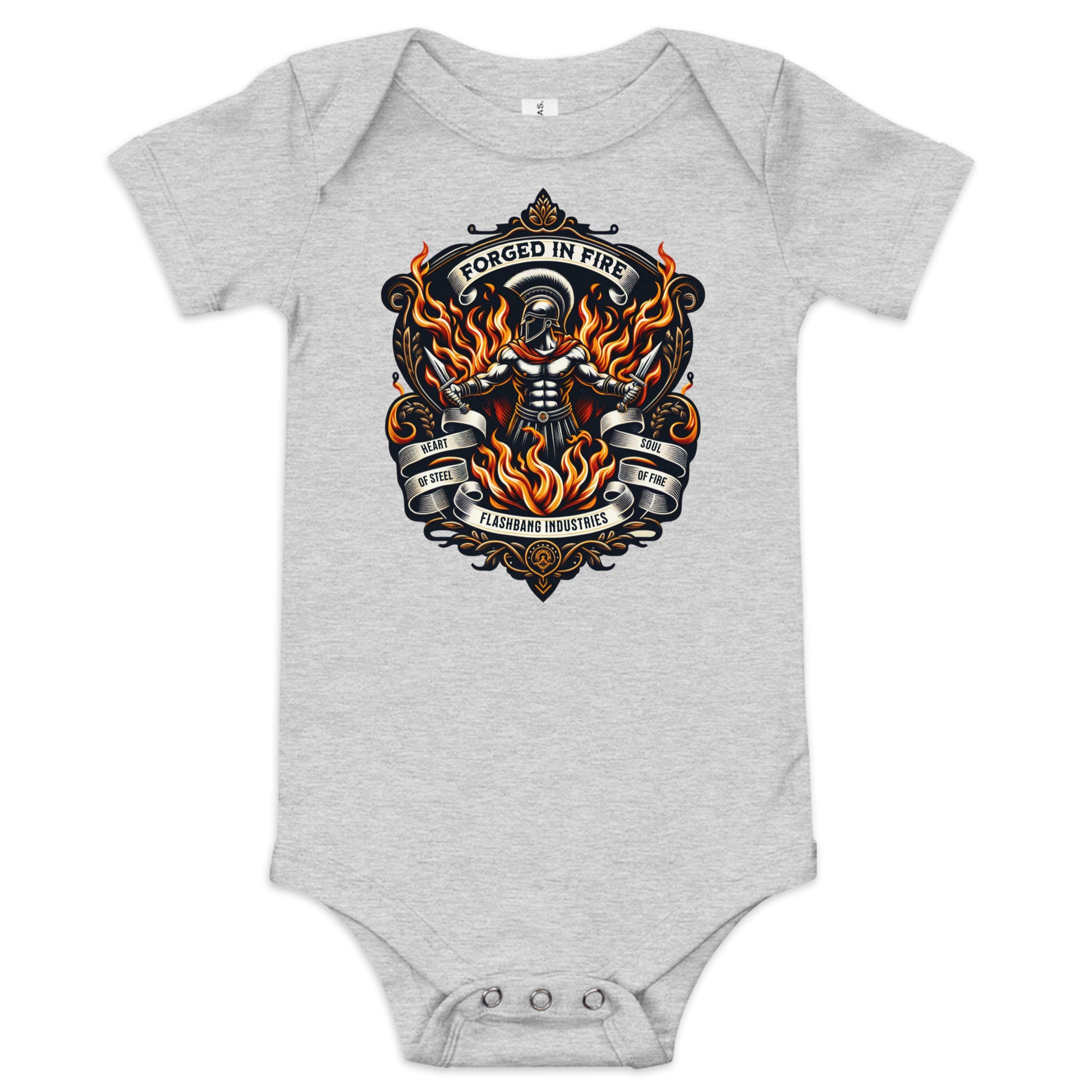 Gray baby onesie with a graphic design on a white background