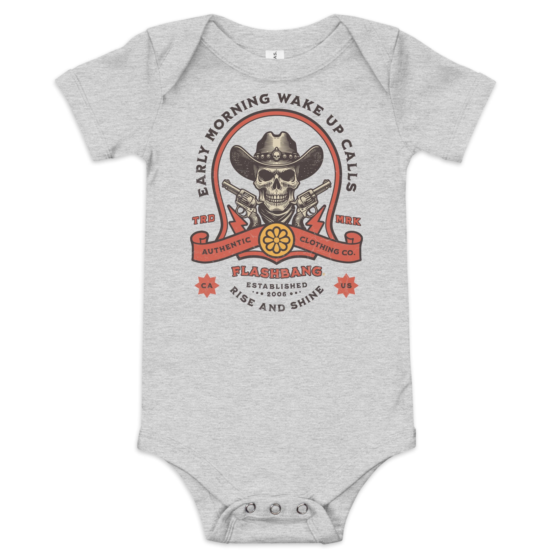 Gray baby onesie with a graphic design featuring a skull, cowboy hat, and text on a white background.