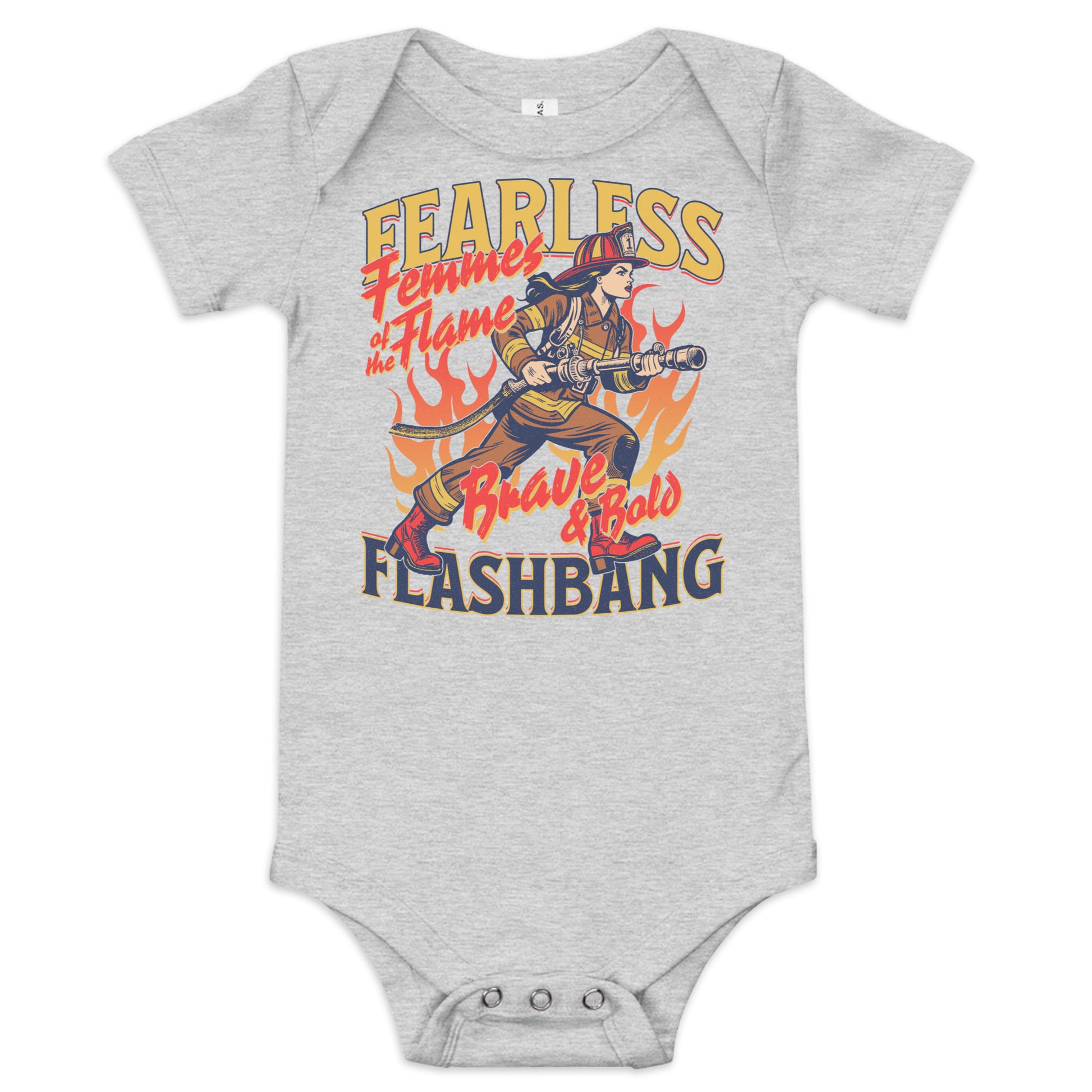 Gray baby onesie with a firefighter graphic and text on a white background