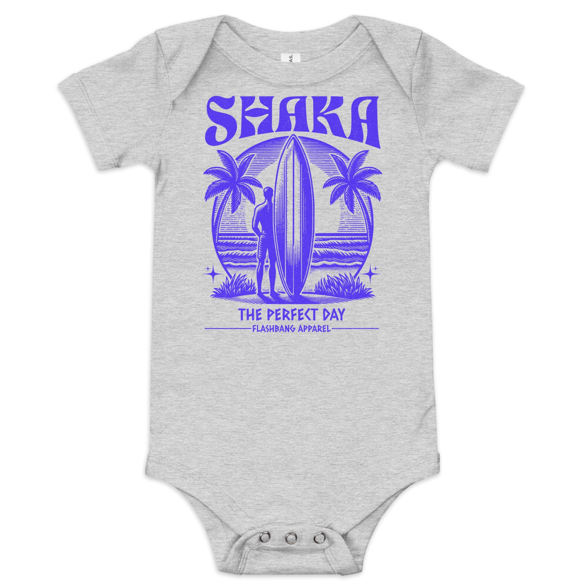 Gray baby onesie with purple graphic design featuring a surfer, palm trees, and text on a white background.