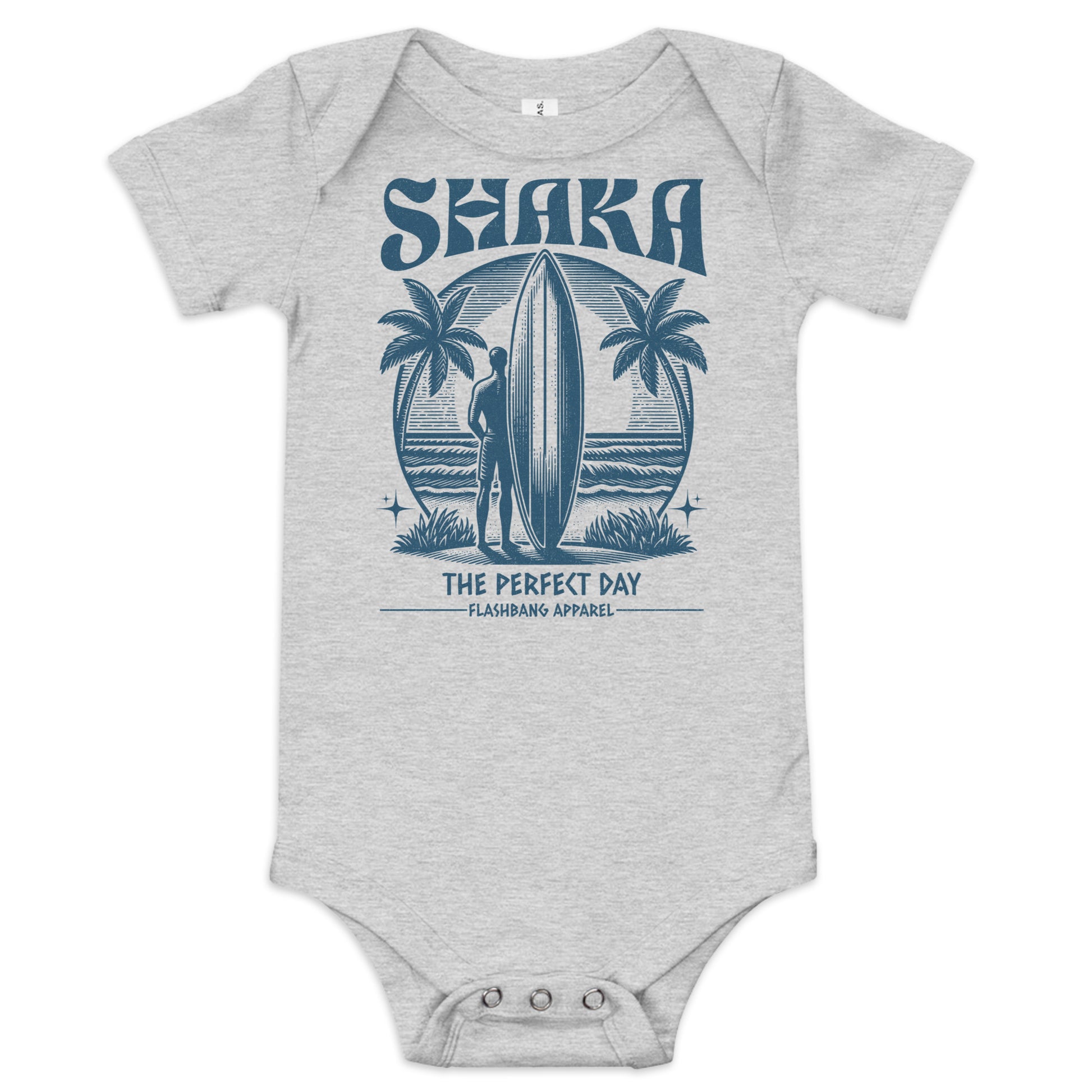 Gray baby onesie with blue graphic design featuring a surfer and palm trees on a white background.