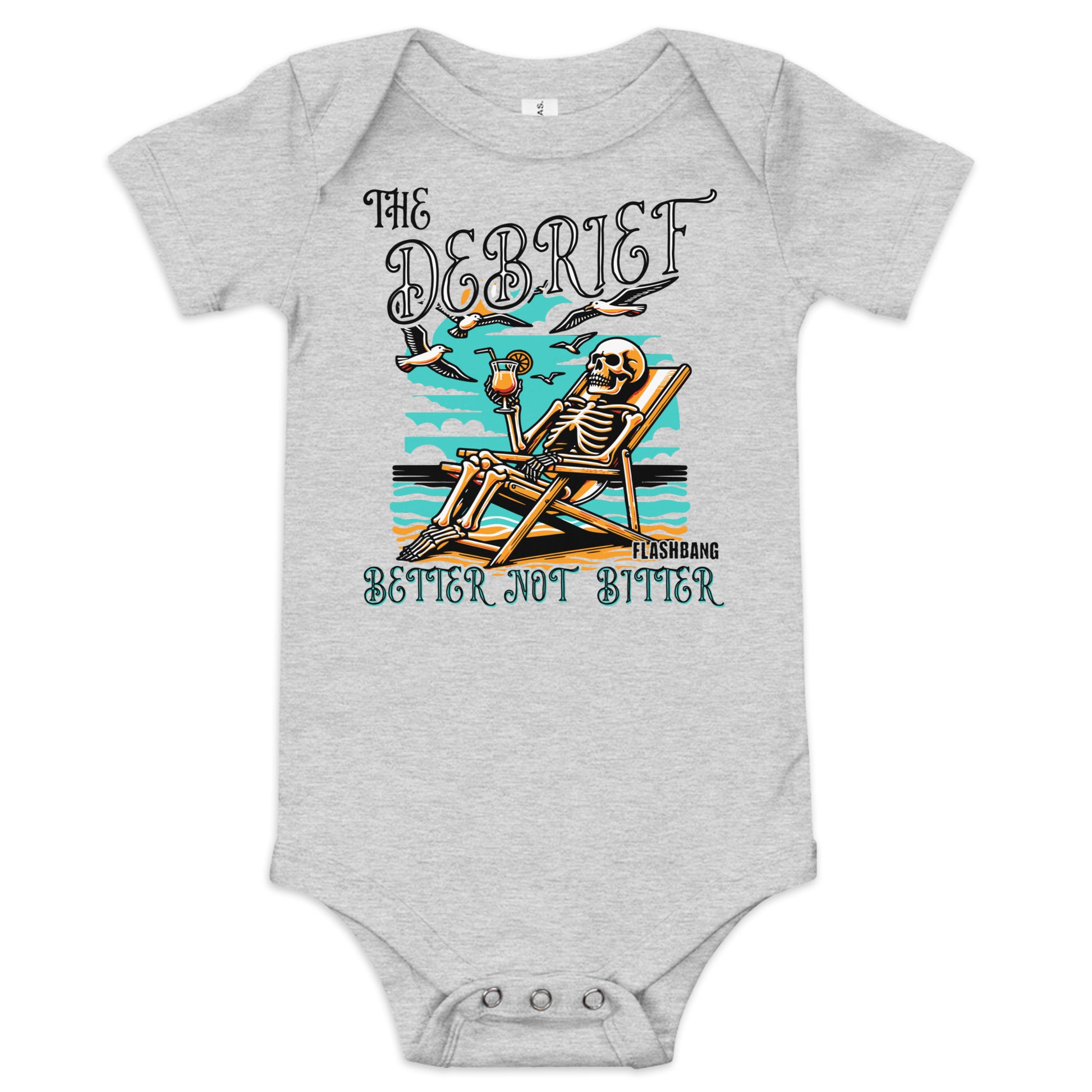 Gray baby onesie with skeleton design and text on a white background